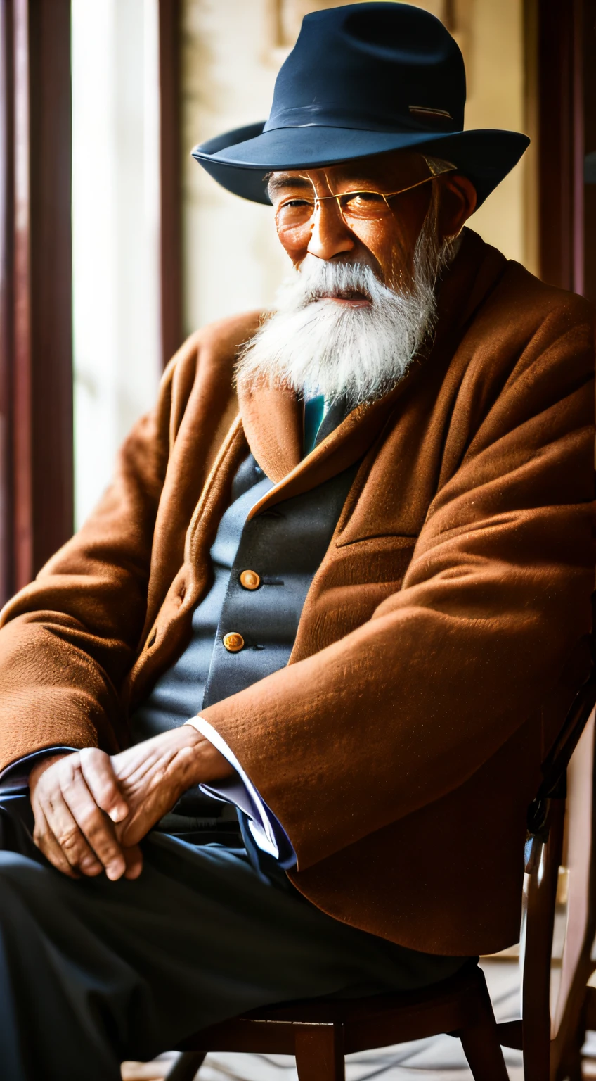 Portrait of an old man in China，With a hat，sit on chair，Looks knowledgeable，Long beard，com rosto detalhado， 8K Ultra HD, Digital SLR, Soft lighting, High quality, voluminetric lighting, candid, photographed, high resolution, 4K, 8K，Colorful，upperbody closeup