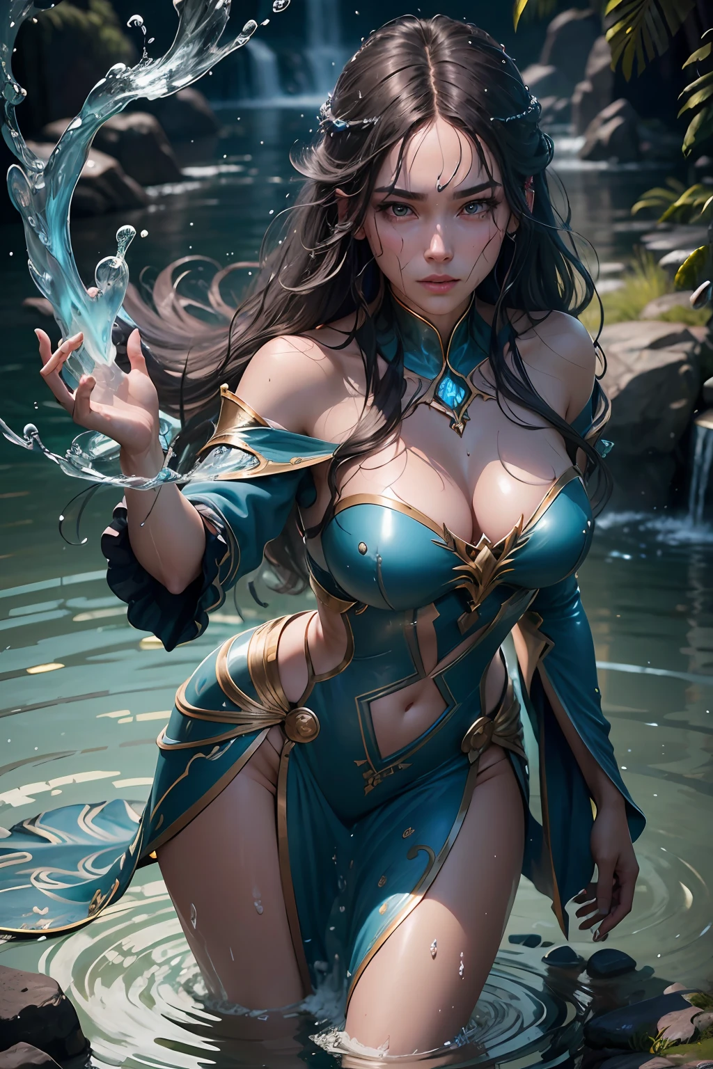 A wizard (controls) water, water ((magic)), casting spell, water jets, from above angle, dynamic pose, award-winning photography, complex, detailed, stunning, fine detail, sensual, evocative, extremely detailed eyes and face, piercing eyes, nikon d850 film, lens, portra 400 f1.6, rich colors, ultra-realistic texture, spectacular, bright, popular at art stations: cinc tungsten up to 800 ( facial transparency: 1.5), anatomical masterpiece, inematic, glossy, wet dripping hair, game render, hair texture, wet hair (wet hair), hanging), model style ( highly detailed CG wallpaper Unity 8k), popular on ArtStation, popular on CGSociety