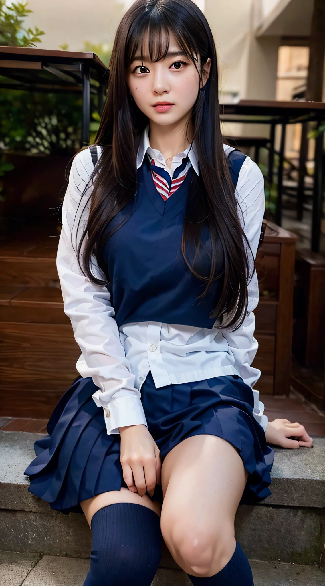 ((top-quality、in 8K、​masterpiece:1.3, Photorealsitic:1.3,)), {{{white ribbed panties:1.2, Inter-strands}}}, Japanese high school  girl, 1 female, A dark-haired, With bangs, ((Japan schoolgirl uniform, sockes, Thicker thighs, opens legs)), a baby face, with round face, Highly detailed facial and skin texture, A detailed eye, Detailed lips、Highly detailed hair depiction, pureerosface, Natural makeup:1.0