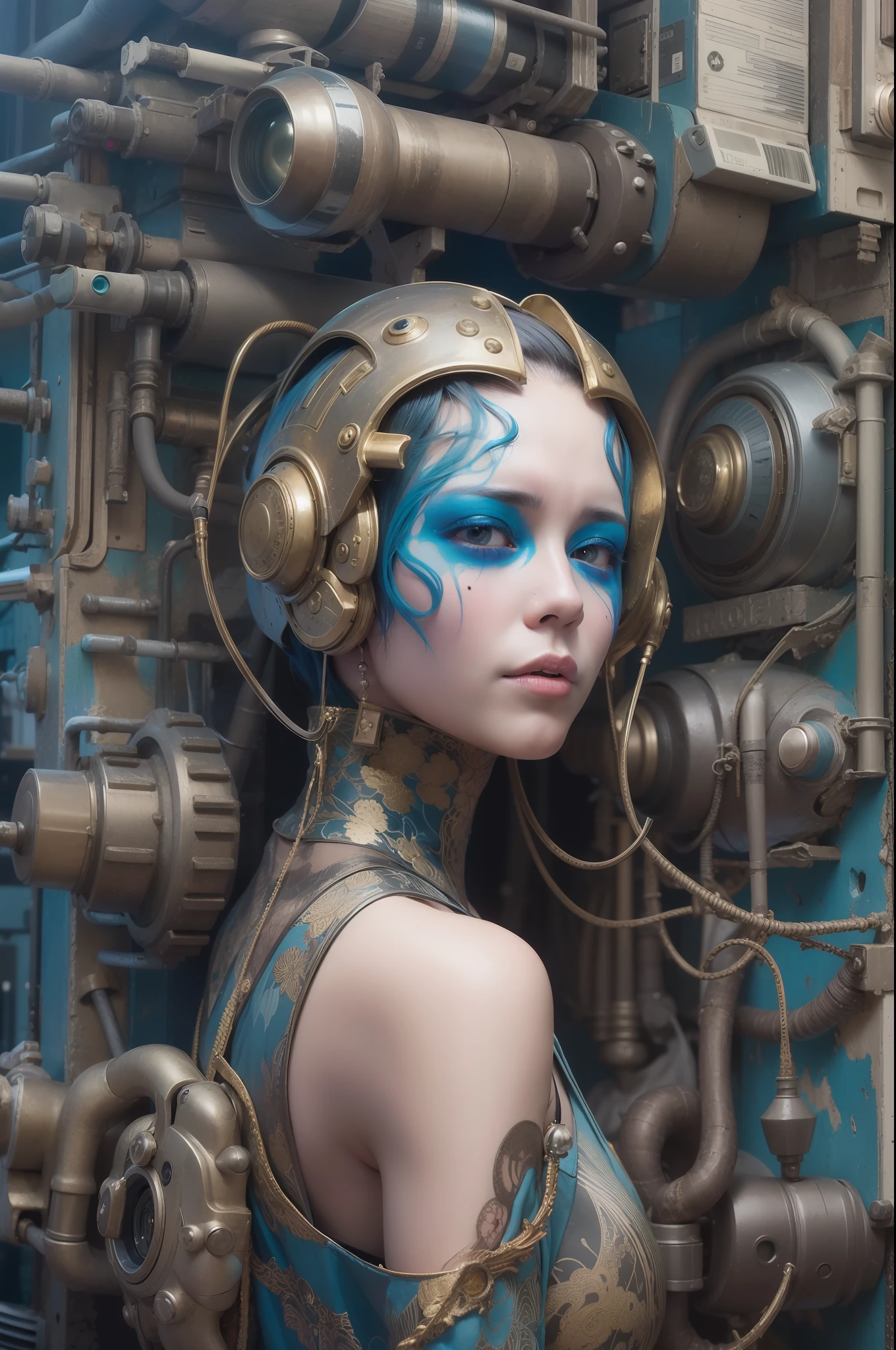 Cyberpunk Tron style vehicle Katsuhiro Otomo with many eyes on an industrial structure, in the style of detailed comic art, amber and dark blue, Hyper realista - detalle, narices distintivas, Leica R8, audaz, Manga - Personajes inspirados en el manga, Influencias steampunk, por Philippe Francais, en el estilo de blanco oscuro y azul oscuro, ramas retorcidas, Psychedelic figuration, David Bates, Magic Fairycore, Claroscuro de alto contraste, Vibrant figuration, Sf, Obra maestra de arte intrincada, ominoso, matte paint movie poster, golden ratio, tendencias en CGSociety, intrincado, epopeya, tendencias en Artstation, por artgerm, h. r. Giger y Beksinski, Altamente detallado, vibrante, production cinematic character render, Modelo de ultra alta calidad