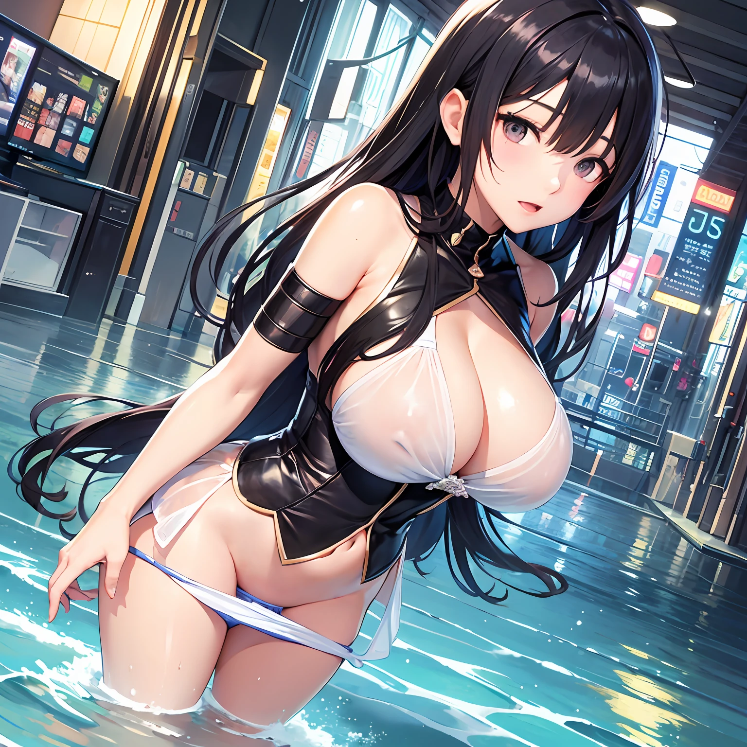Get wet all over your body,(transparent panty:1.3), Best quality, hyper HD, High detail,anime big breast, Wet body, Place your hands on the ground、raised hips、watch audience、Look at it from the angle, Black hair,