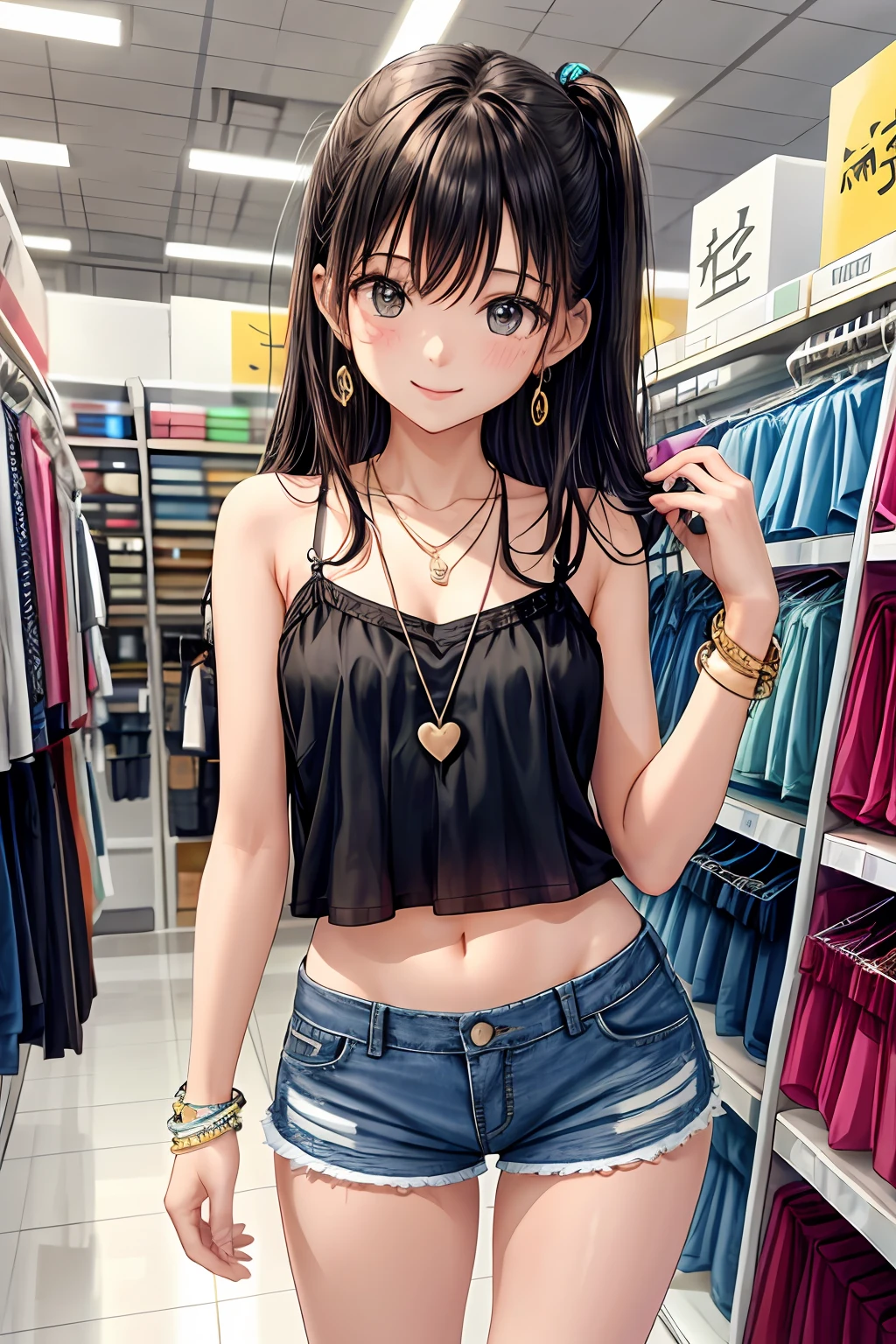 loli,10yo,camisole,collarbone,flat chest,smile,navel,groin,denim shorts,loose clothes,shirt pull,shorts pull,A fashionable female child,dressed in a casual yet stylish outfit,browsed the racks of clothes at the department store. She hummed a tune to herself as she examined the various accessories and small items on display. Her outfit consisted of a pair of ripped denim shorts paired with a loose, camisole and a pair of sneakers. She accessorized with a small, silver bracelet on her wrist. As she shopped, the girl couldn't help but be drawn to the various colorful and glittering items in the store. She picked up a pair of cute, heart-shaped earrings and a matching necklace,admiring them in the bright, fluorescent lighting