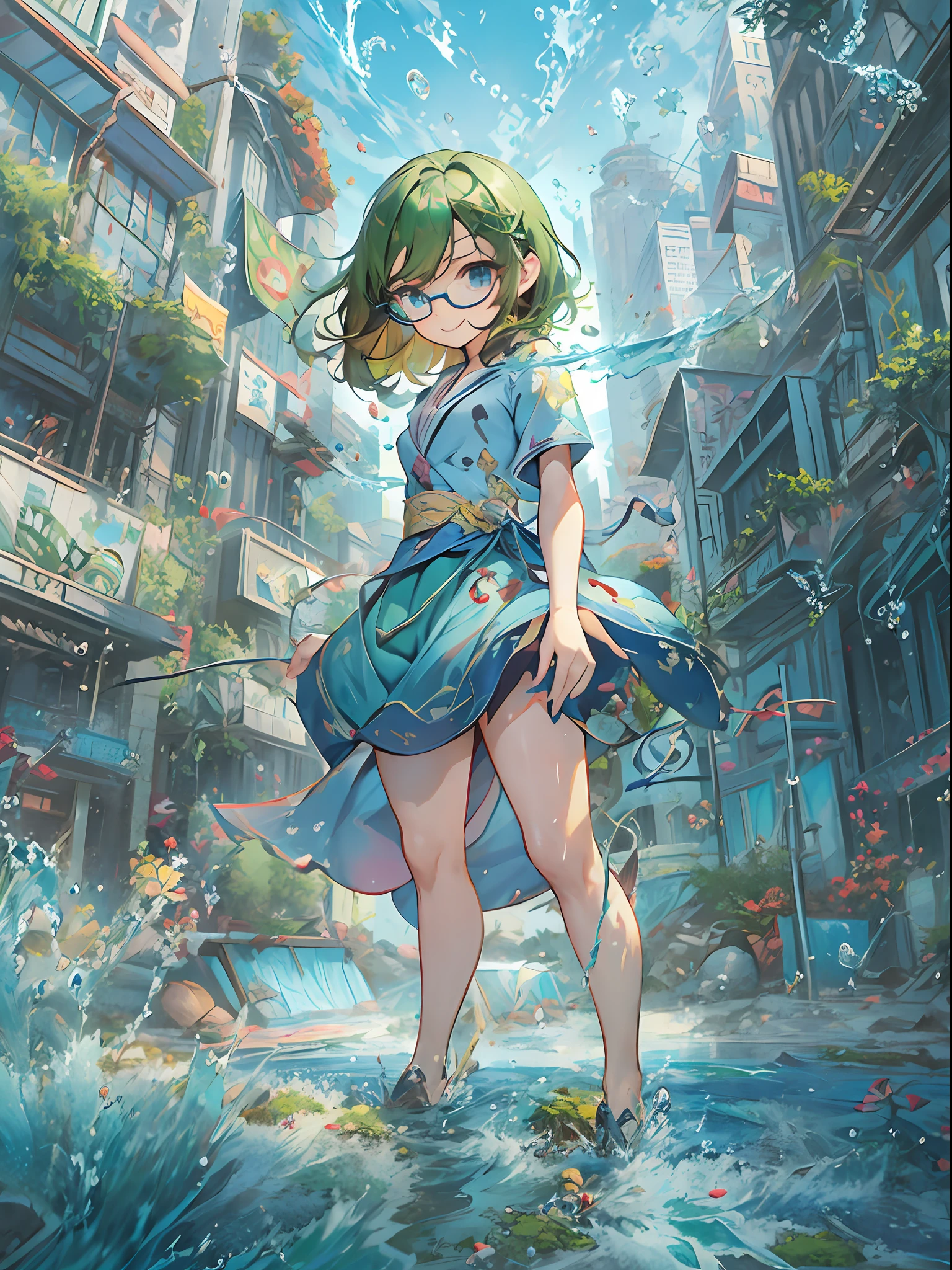 1gigantic girl, deep eyes, pale green hair, short hair, deep blue eyes, red-rimmed round glasses, smile, happy, blue and green gradient skirt bathing suit, (full body, full shot, wide shot)1.2, (super detailed background):1.2, bokeh, (of a crumbling city waterside with water bubbles floating):1.2, Collapsed buildings, a city encroached by vegetation, rubble, moisturized eyes, shiny hair, ultra detailed skin, Blue sky, floating drops, (1hand over here)1.4. perfect finger & hands,