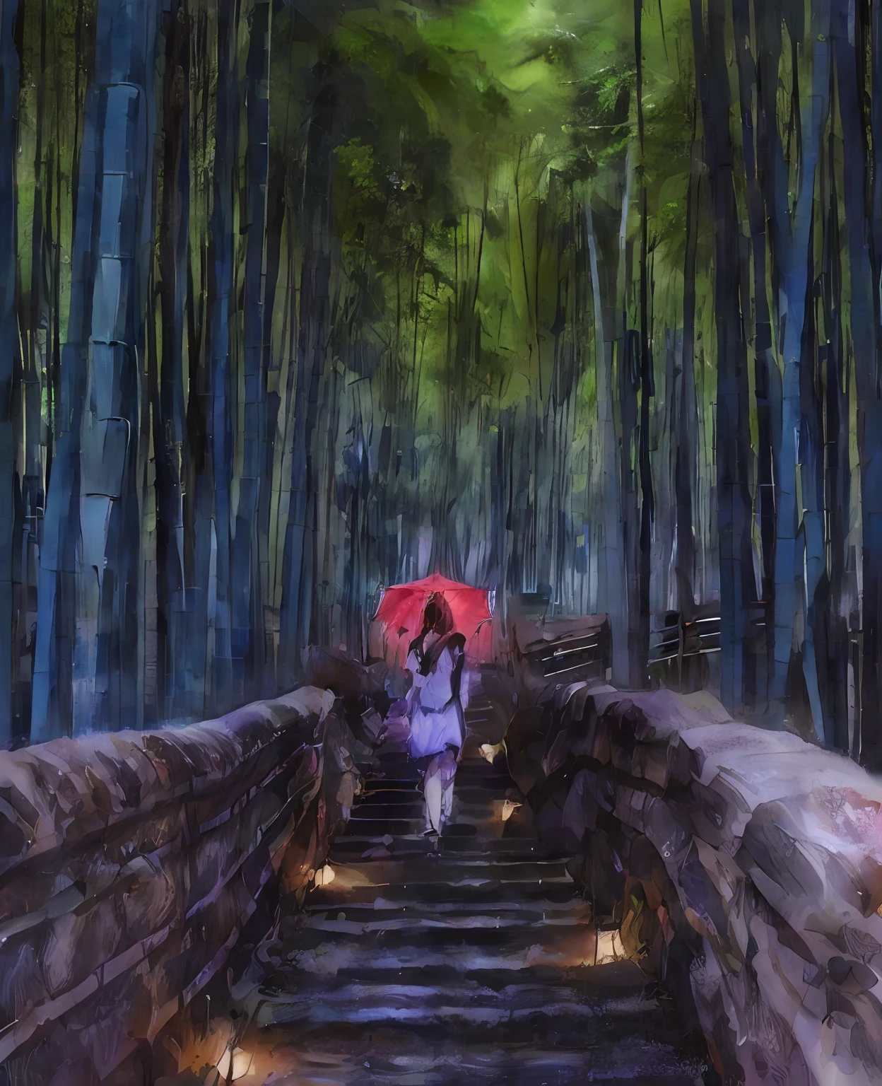 araffe walking up a set of stairs with a red umbrella, kyoto inspired, deep in a japanese bamboo forest, in a bamboo forest, walking in a bamboo forest, inspired by Itō Shinsui, japan travel aesthetic, inspired by Torii Kiyomitsu, japan deeper travel exploration, inspired by Tani Bunchō, inspired by Torii Kiyomasu