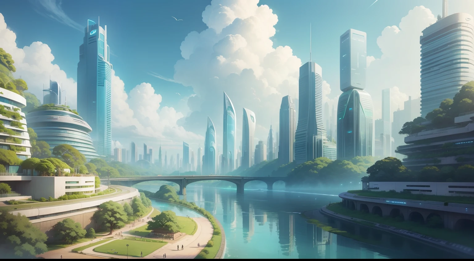Futuristic city with skyscraper and river and people walking in lush vegetation, green hills in the background, sunny with clouds, anime style studio ghibli