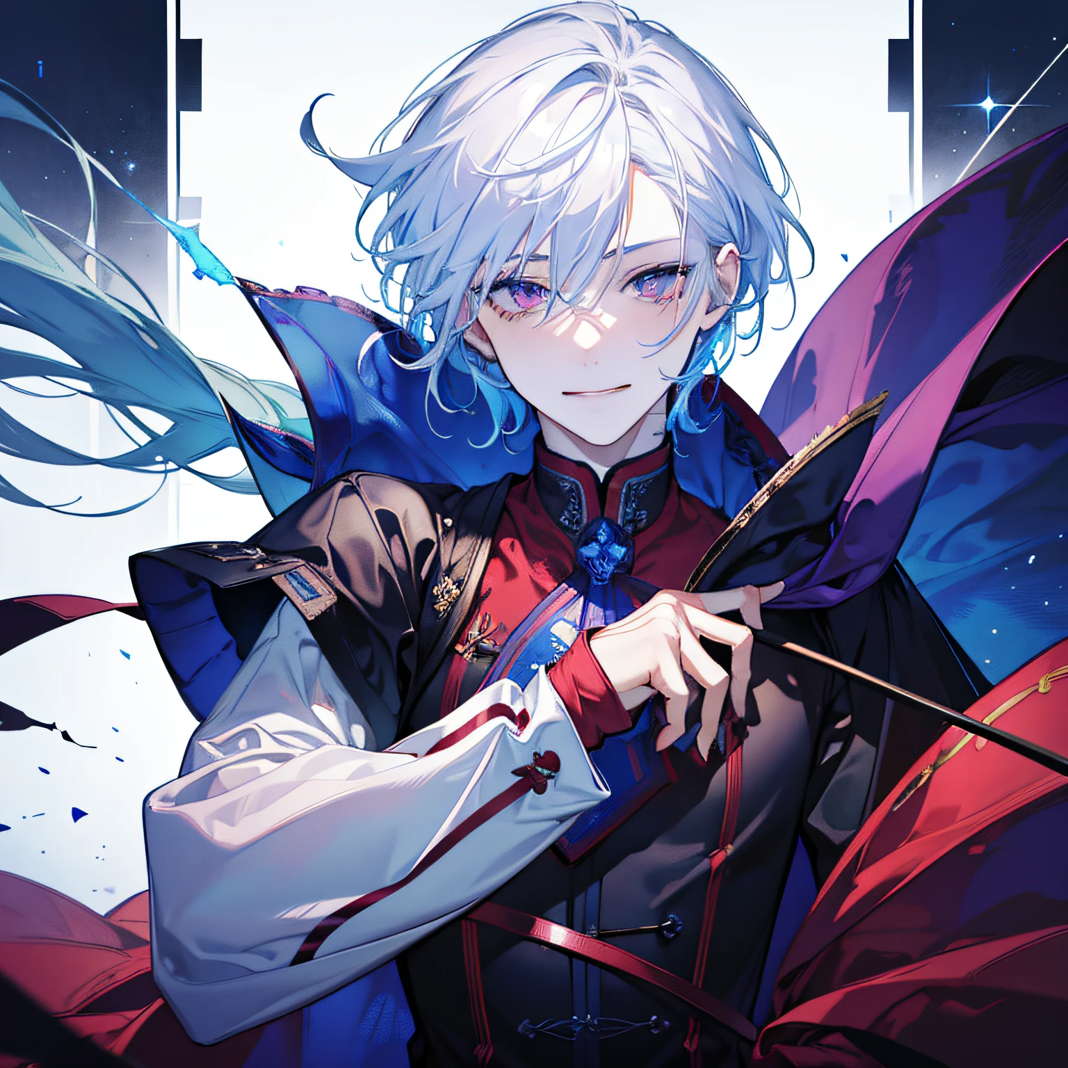 seductive smile,masutepiece,Best Quality,Solo Boy,Solo Man,Solo Boy,Solo Man,Middle Age,white hair,blue gradiient hair,red eyes,(Face shot:1.3),Detailed face,8K resolution,Simple background,White background,