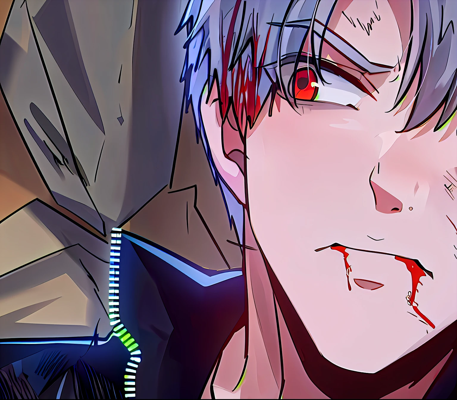 Anime image of a man with a face covered in blood lying on the ground, gapmoe yandere grimdark, kaneki ken, The corners of his mouth were bleeding, gapmoe yandere, trigger anime artstyle, kaneki ken, he's very menacing and evil, Vicious appearance, Tokyo Ghoul, kaworu nagisa, 4k manga wallpapers