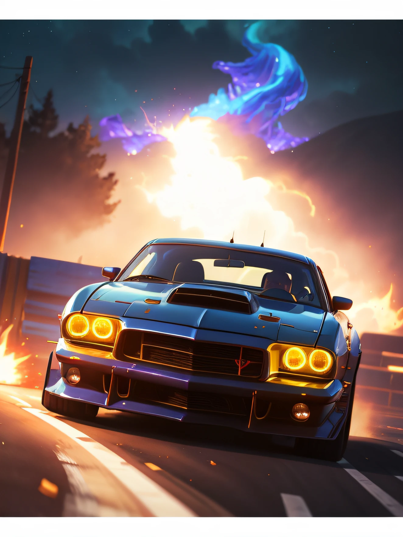 a painting of a boss muscle car, (masterpiece, best quality), particle effects, epic explosion background, vivid, hdr, night time, very detailed, (cell shaded:1.2), ray tracing, it doesn't matter if it's an inch or a quarter mile