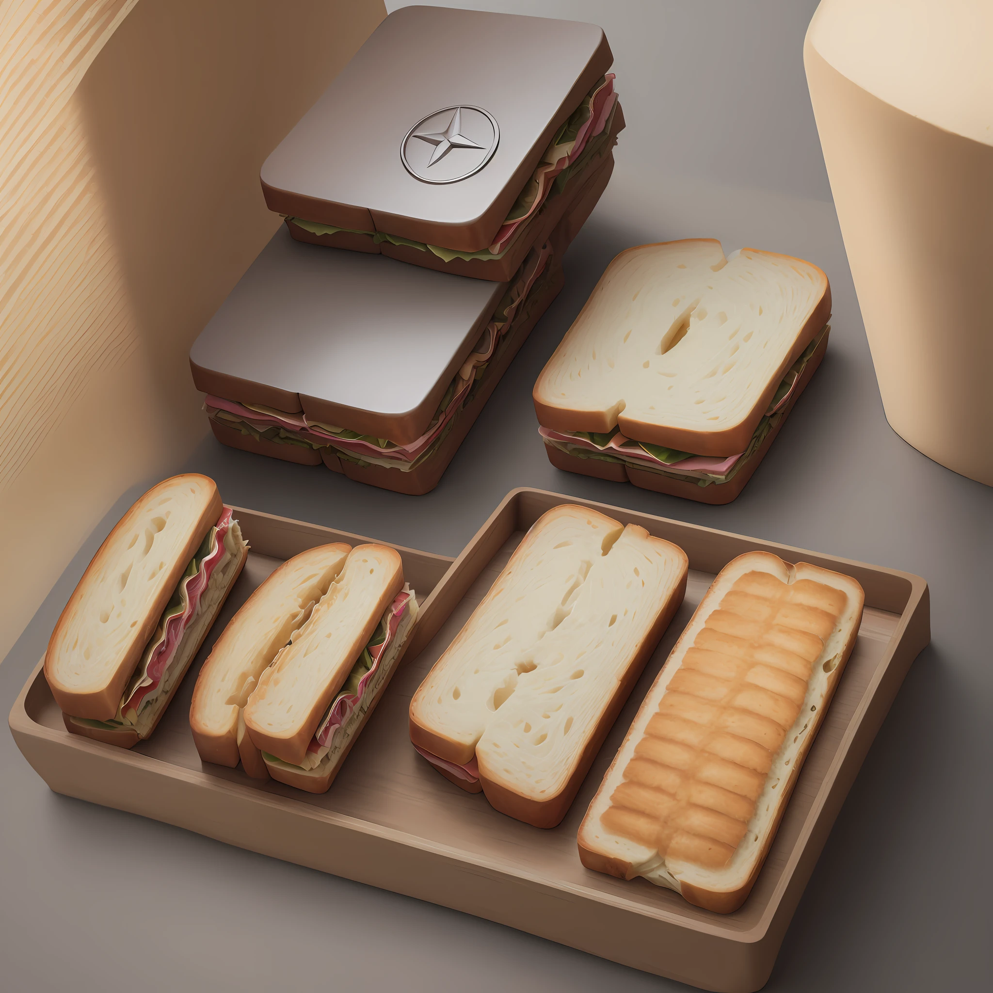 sandwich that has 3 pieces of bread orientated in a way that makes the Mercedes logo, Mercedes logo