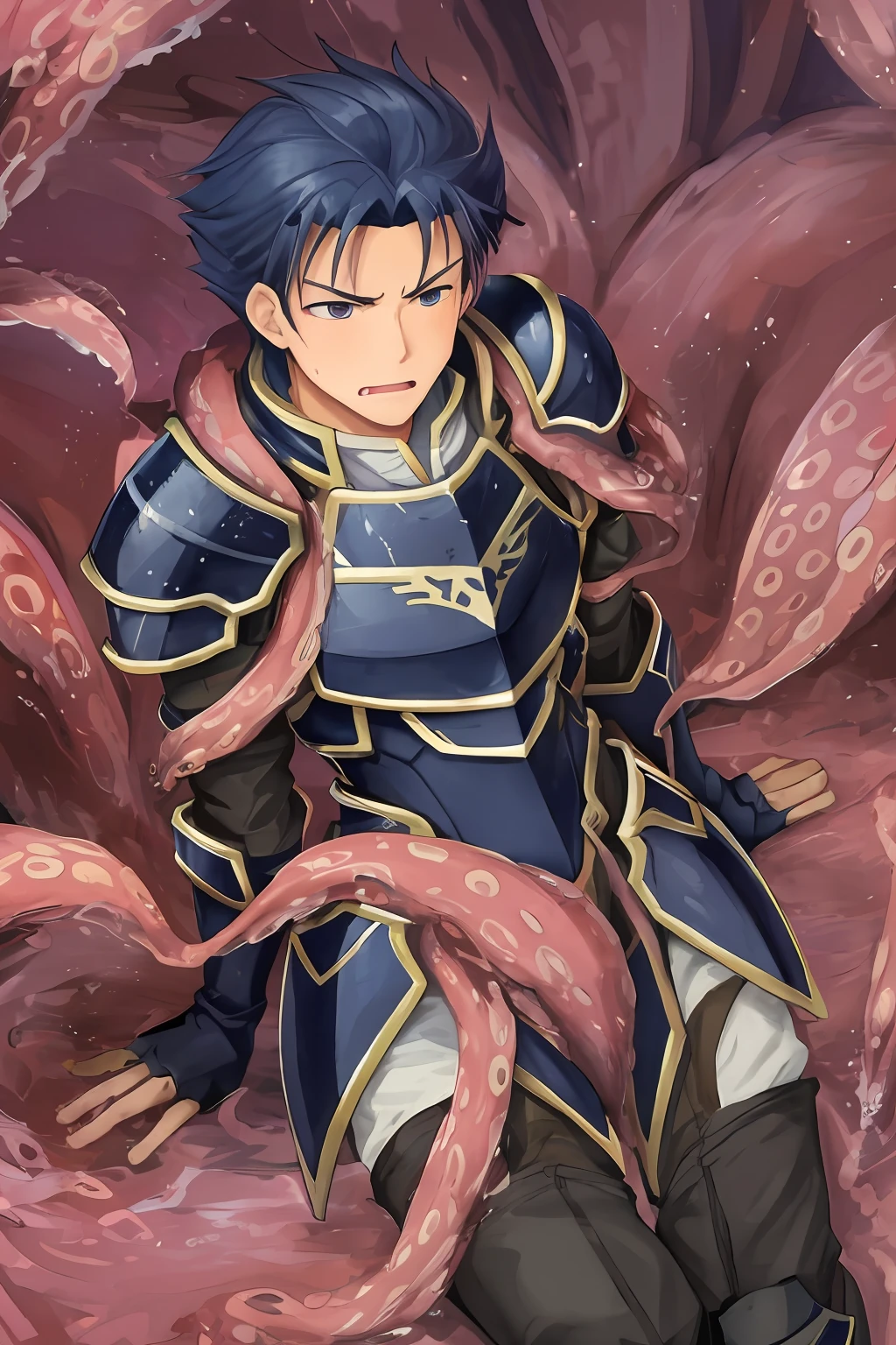Hector Fey（adult man）， 独奏， looking at viewert，Tied by tentacles（Mucus-secreting tentacles） ，with her mouth open，drools，perspire，Tight combat uniform，Armour，Armour，Get wet， mitts， 1 man，weeping，Be red in the face， Male focus，Tentacles wrapped around thighs（Octopus tentacles wrap around thighs）， cloaks， Armour， Shoulder armor， Soaked leggings，Wrists bound by tentacles，Waist wrapped around tentacles