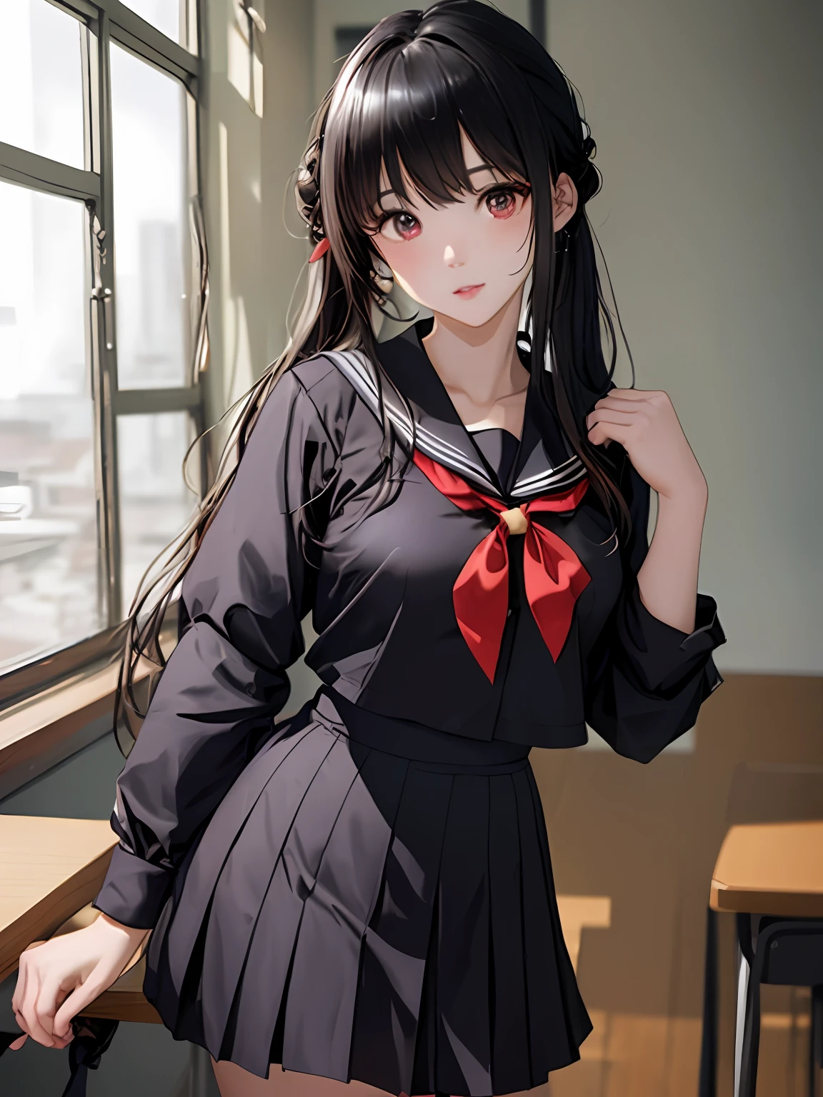 Classroom、a sailor suit、Yellow Ribbon、Very embarrassing、red blush、a black skirt、cowboy shot、8K,masterpiece, Medium、(1girl in)、Red_Eyes、Black hair、Long hair、Professional Lighting、(shinny skin:1.2)、 ((top-quality))、 Crisp focus:1.2、Highly detailed facial and skin texture、A detailed eye、face perfect、perfect bodies、Blur the background、20yr old,Mature cool and beautiful face、sexy pose