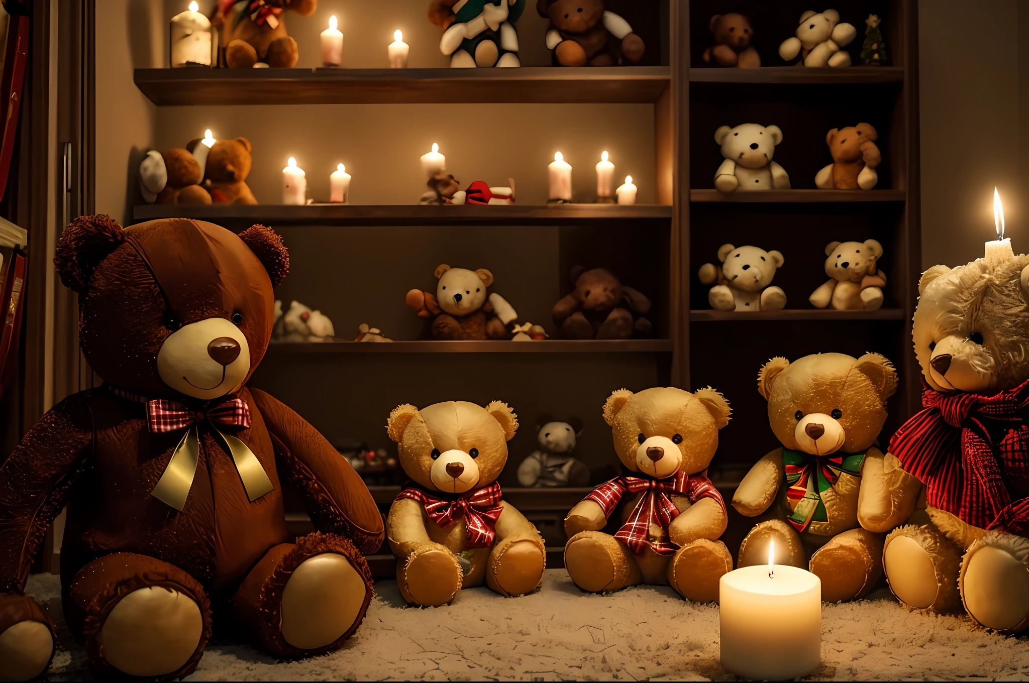 ((There are many teddy bears sitting in a room)): 1.8, behind the bears are shelves full of toys, festive atmosphere, cartoon, cozy atmosphere, soft atmosphere, moody atmosphere, dreamy atmosphere, nostalgic atmosphere, cozy candlelight, dark vignette, cozy atmosphere, vintage, holiday season