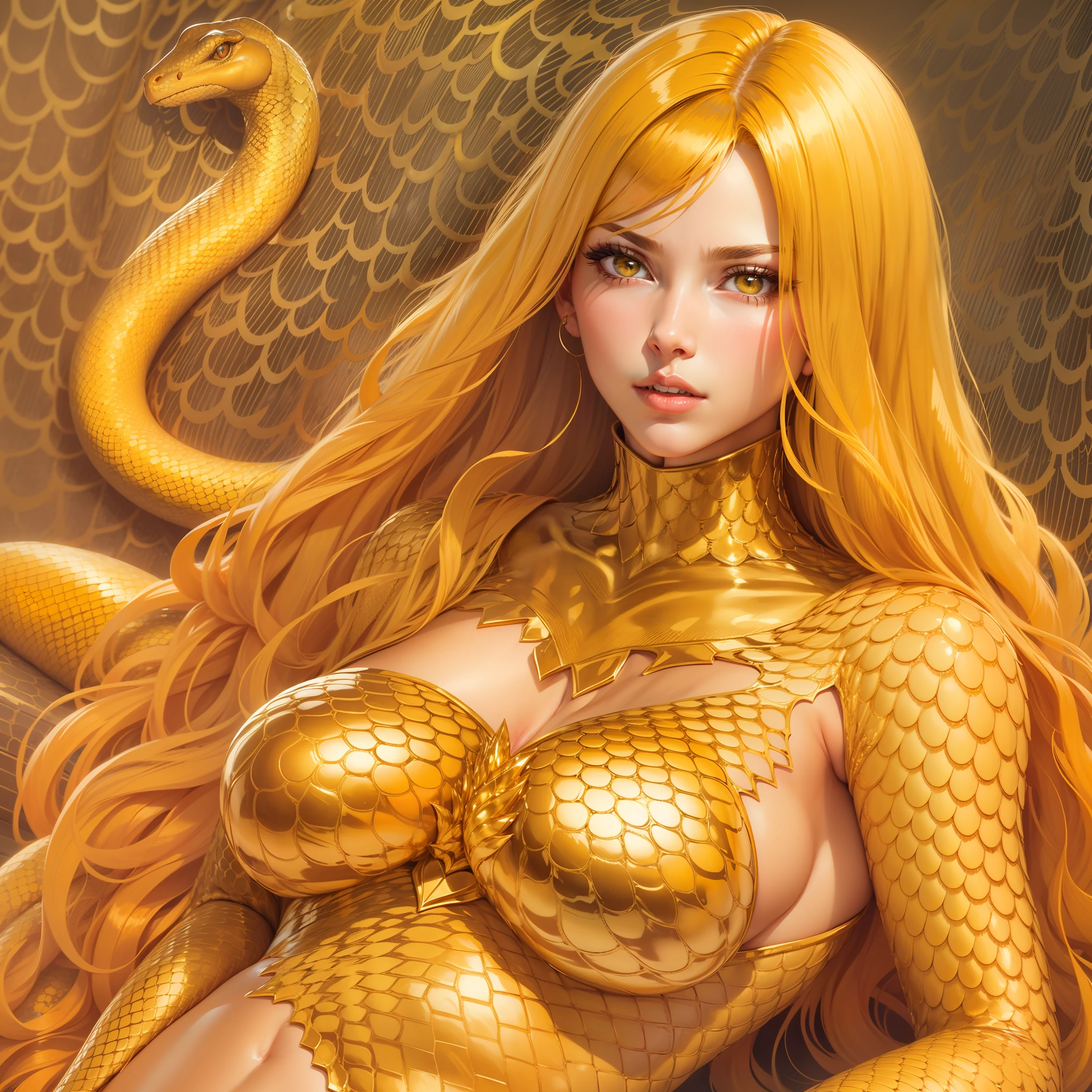 Body covered with golden python scales, glossy rich,  prismatic yellow long hair, hair covering one's chest, large tasty, large breasts, A few sit-ups, collarbone, clavicle, sexual eyes, He's peeking at us, looking at viewer, shot from the grand & from below, (lamia):1.4,