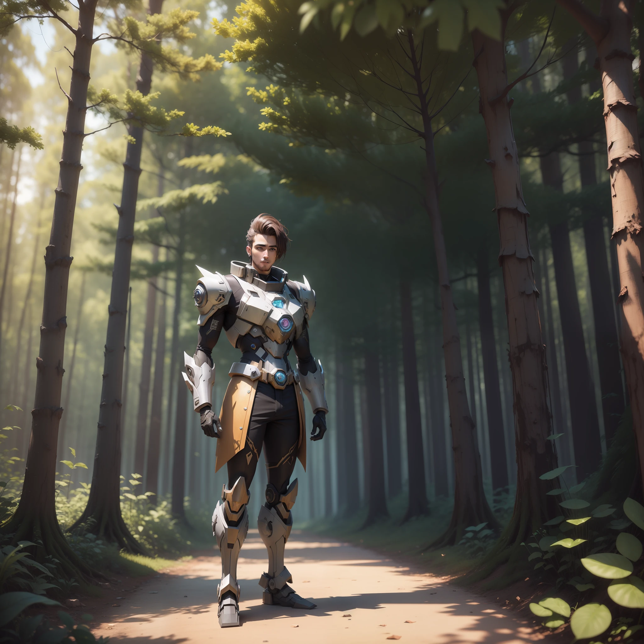 Hombre guapo. Standing in A Fantasy Forest. Estilo mecha. Estilo Disney. 3d render