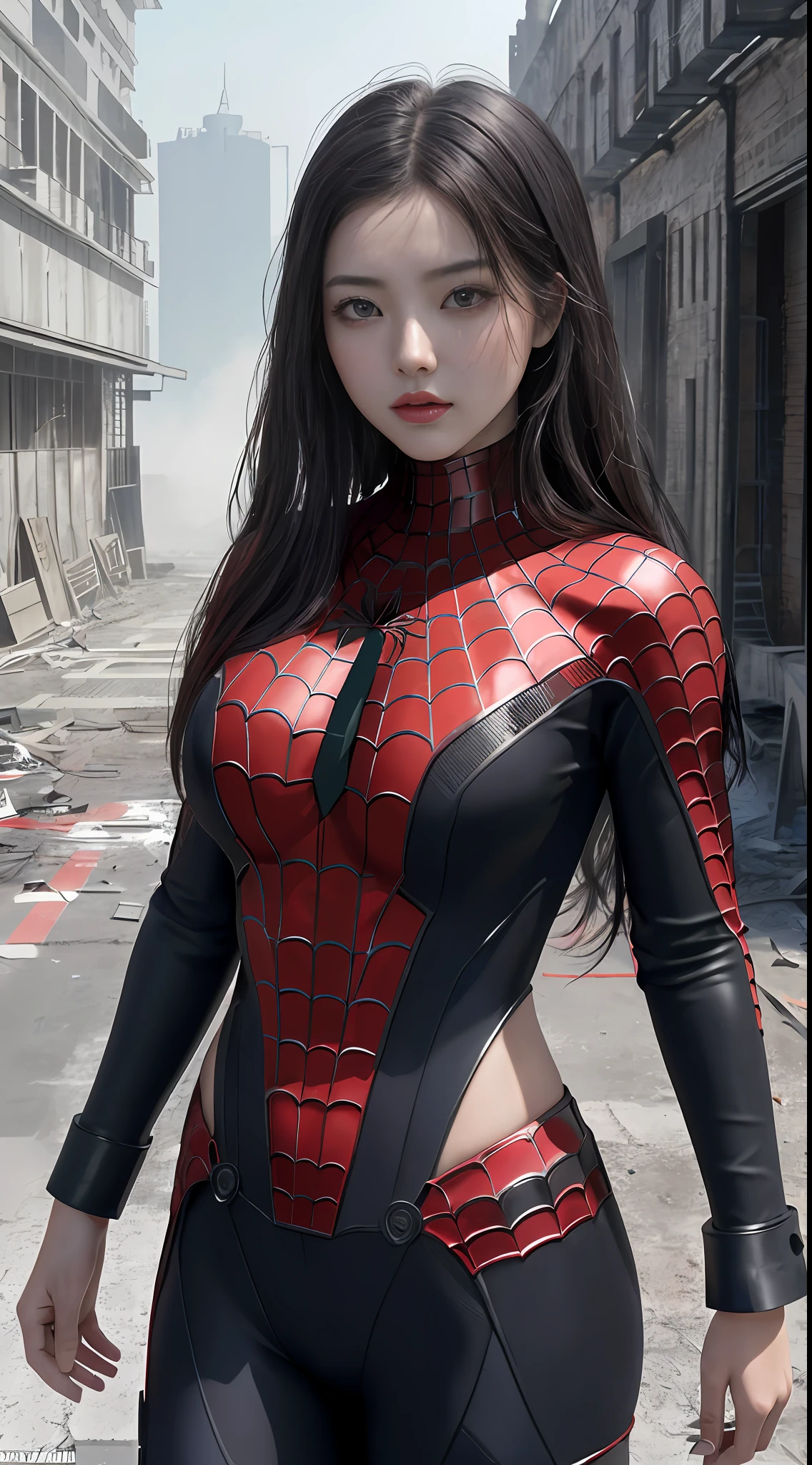 （1girll：1.3）， 独奏， （（（very vey very detailed face））），（（very detailed eyes and faces））），beatiful detailed eyes，Body parts__，offcial art，Unified 8k wallpaper，ultra-detailliert，Beautiful and beautiful，big breasts beautiful，tmasterpiece，best qualtiy，primitive，tmasterpiece，ultra fine photos，best qualtiy，超高分辨率，photorealistic realism，rays of sunshine，full-body portraits，Large breasts，stunningly beautiful，，dynamicposes，delicated face，Vibrant eyes，（From the front side）， she is in a spider-man suit，Red and black color scheme，arachne，Very detailed abandoned warehouse background，详细的脸，detailed complex busy background，Untidy，opulent，milkyW，highly detailedskin，Realistic details of skin，Visible pores，Clear focus，volume fog，8K  UHD，digital SLR camera，high qulity，filmgrain，White skin of the，photo-realism，DL，A huge metropolis of the dystopia of the future， look from down，semi transparent