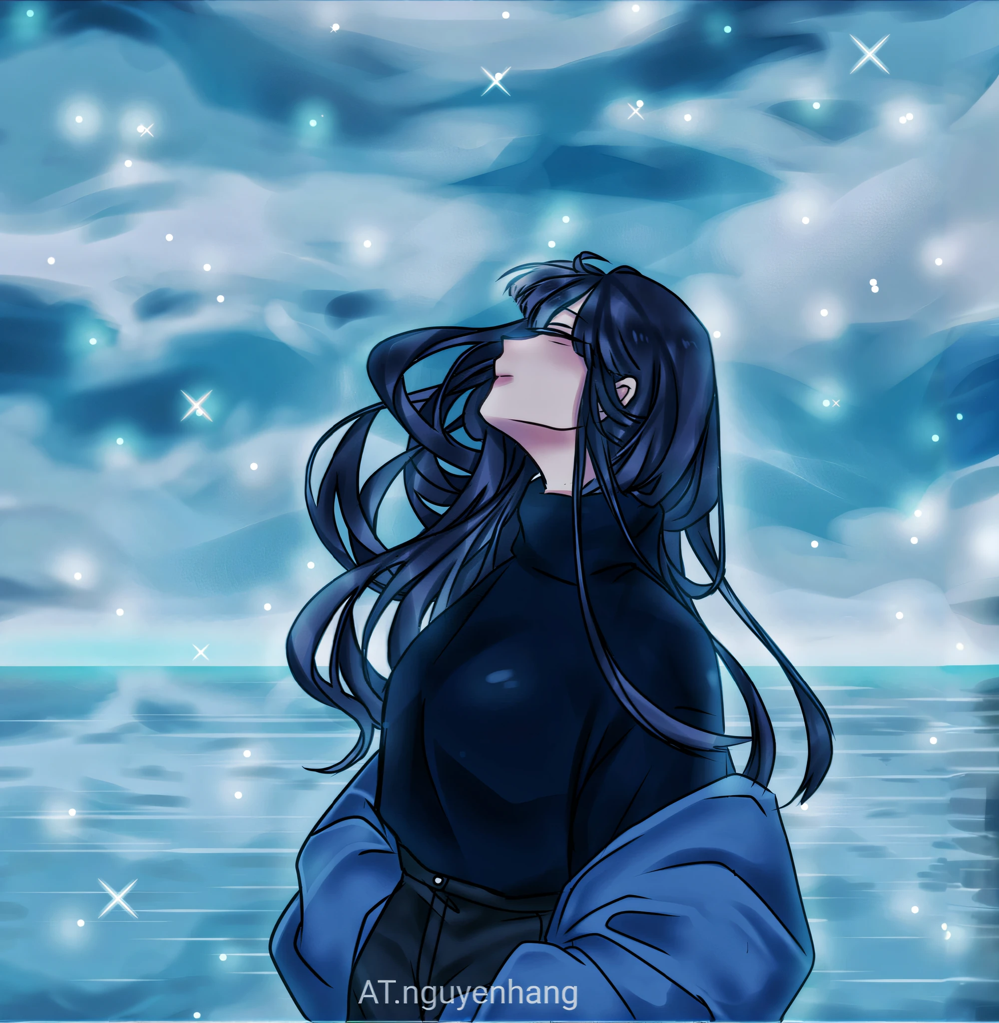 anime girl sitting on the beach looking up at the sky, inspired by Ma Yuanyu, in the art style of bowater, inspired by Ai Xuan, inspired by Itō Shinsui, flowing hair and long robes, wallpaper anime blue water, inspired by Yu Zhiding, inspired by Lü Ji, beautiful anime, inspired by Yuumei