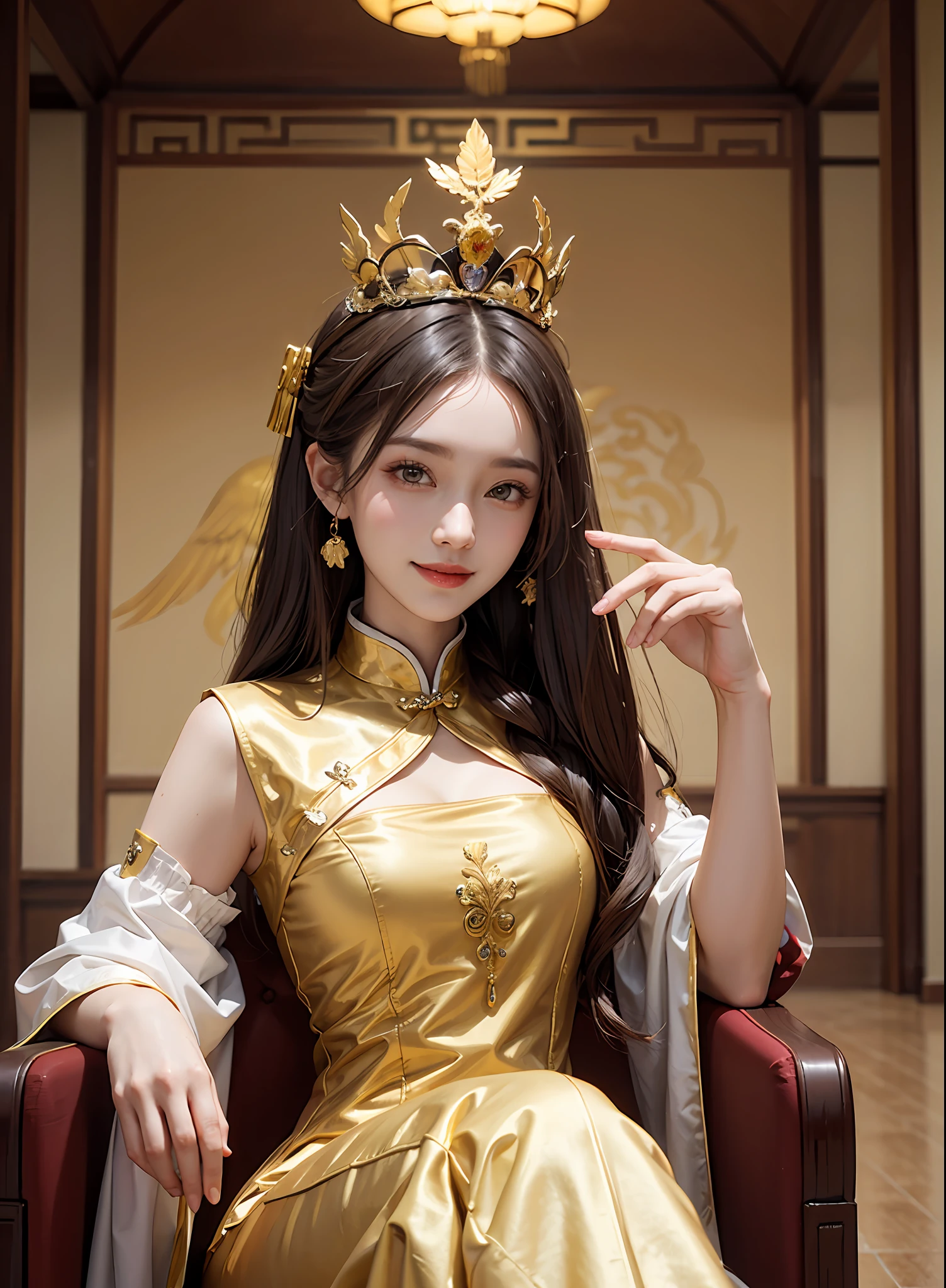 golden colored,Chinese palaces,1Blittle girl,Lily,ponytails,brunette color hair,By bangs,Chinese long skirt,flower,35-year-old female model,queen mother,Phoenix crown,Smile,