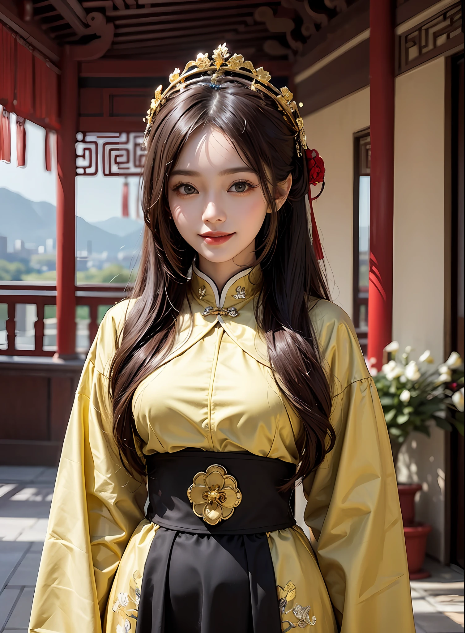golden colored,Chinese palaces,1Blittle girl,Lily,ponytails,brunette color hair,By bangs,Chinese long skirt,flower,35-year-old female model,queen mother,Phoenix crown,Smile,