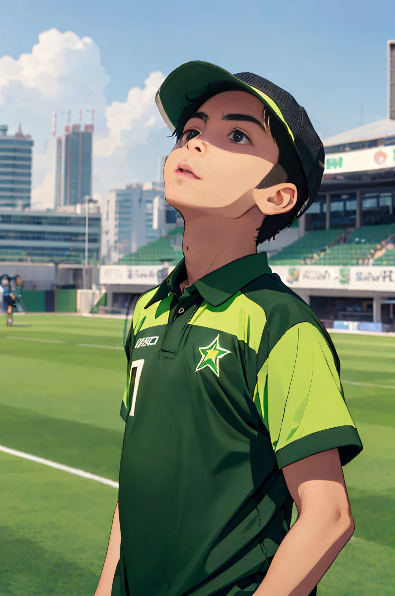 (half-body, boy, looking up diagonally, sports wear, green cricket shirt, Pakistani shirt, Miyazaki style), clean lines, soft colors, city, sky far, high detailed, star on shirt, evening, clouds, stadium