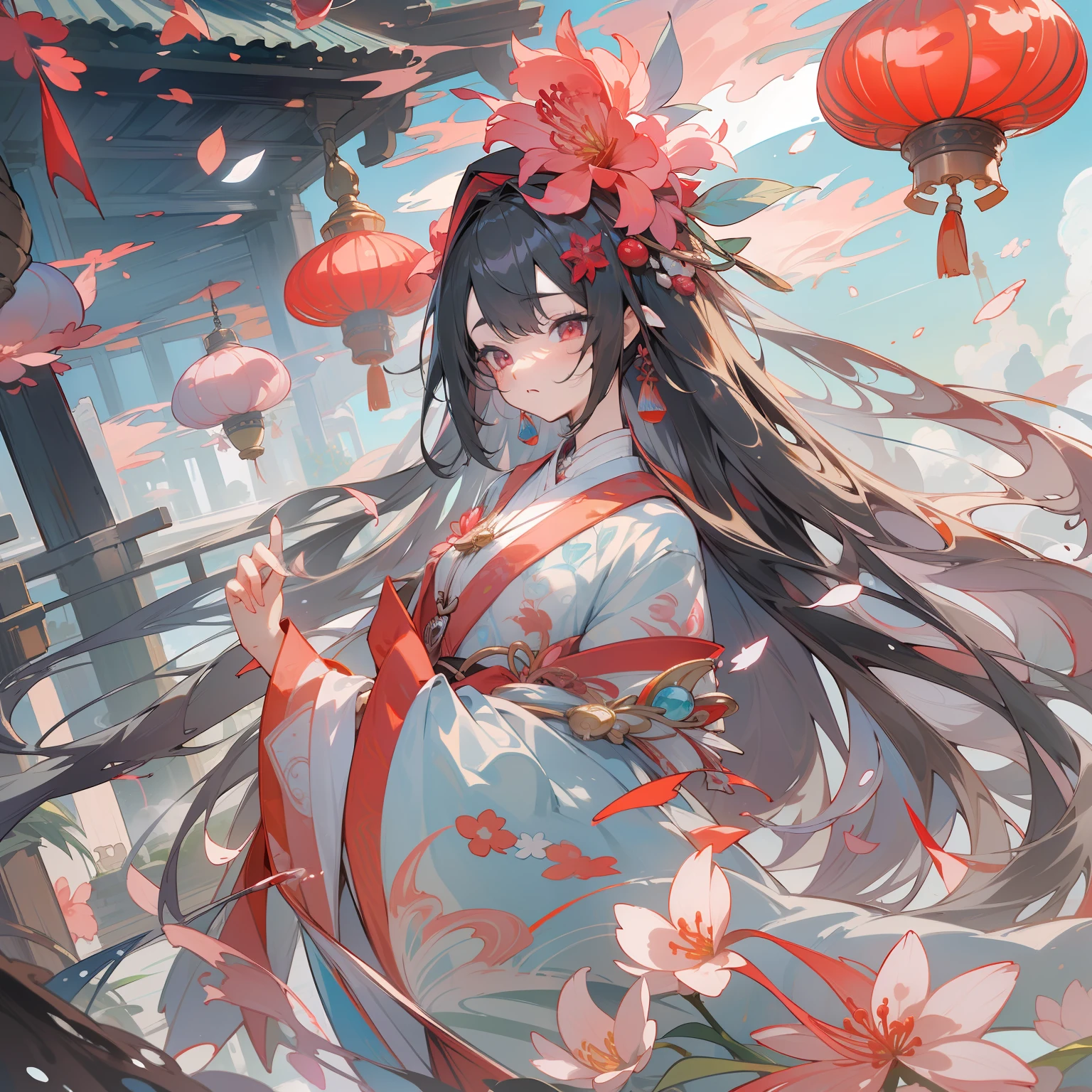 (8k、RAW Photography:1.2)、top-quality、超A high resolution、Dramatic angles、(Fine-colored splashes flutter)、(illustratio)、(((女の子1人)))、(Long)、(Air bubble:0.9)、 (hair adornments:1.4)、There is an ancient palace next to the girl、chinese clothes、(focus)、Color ink painting、(Color splash)、Colorful splashes、(((colourfull)))、(Sketched:0.8) 、​masterpiece、best qualtiy、Beautifully painted、A highly detailed、(denoise: 0.6)、[Splash ink]、((Ink refraction))、(Beautiful detailed sky)、a moon、A highly detailed、(​masterpiece、best qualtiy、A highly detailed) CG Unity 8k wallpapers、​masterpiece、top-quality、ultra-detailliert)、(Lycoris radiata)、、
