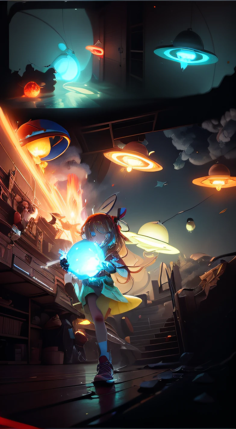 The girl holds a glowing flying saucer in her hand,Threw it out hard。,Collision with flying saucers,They are red, Respectively,blue colors,green color,amarelo,white colors,The flying saucer violently spins and collides,Collision sparks,Effect cartoon
