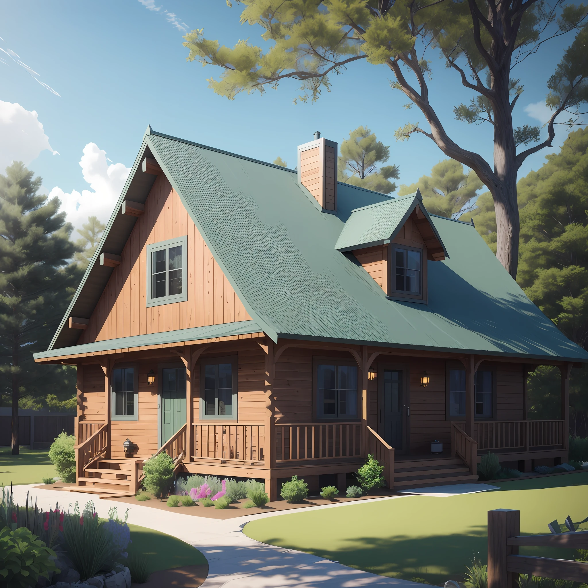 Alafard chalet,With green roof and porch, rendered in corona, photoreal render, Photorealistic style, digital painted, realistic 3 d style, stylized as a 3d render, photo realistic style, highly detailed render, beautifully detailed render, extremely detailed frontal angle, Old CGI 3D rendering Bryce 3D, pre-rendered