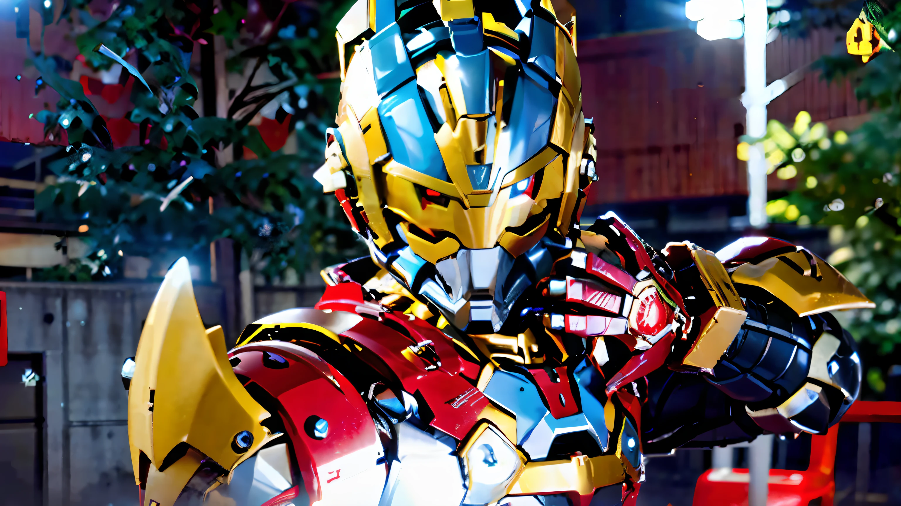 Characters dressed in red and yellow hero costumes,Tokutsu style,closeup cleavage,Holding a sword,Knight action pose,gridman(2018),SSSS,getter robo,McDonald's Gundam,high fantasy kamen rider,kamen rider ghost,Gundam armor,Gundam robots,sci-fy,cyber punk style,sharp-edged,Fine gaps,darkly,Extreme,crack