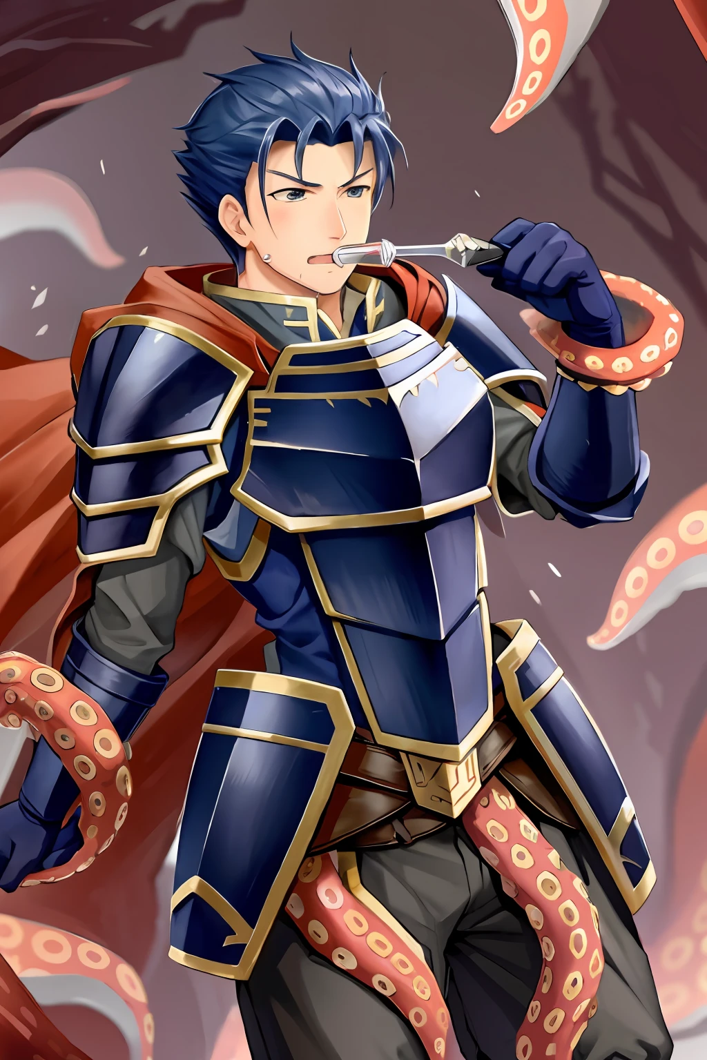 Hector Fey(adult man), 独奏, looking at viewert,Tied by tentacles(Mucus-secreting tentacles) ,with her mouth open,drools,perspire,Tight combat uniform,Armour,Armour,Get wet, mitts, 1 man,weeping,Be red in the face, Male focus,Tentacles wrapped around thighs(Octopus tentacles wrap around thighs), cloaks, Armour, Shoulder armor, Soaked leggings,Wrists bound by tentacles,Waist wrapped around tentacles