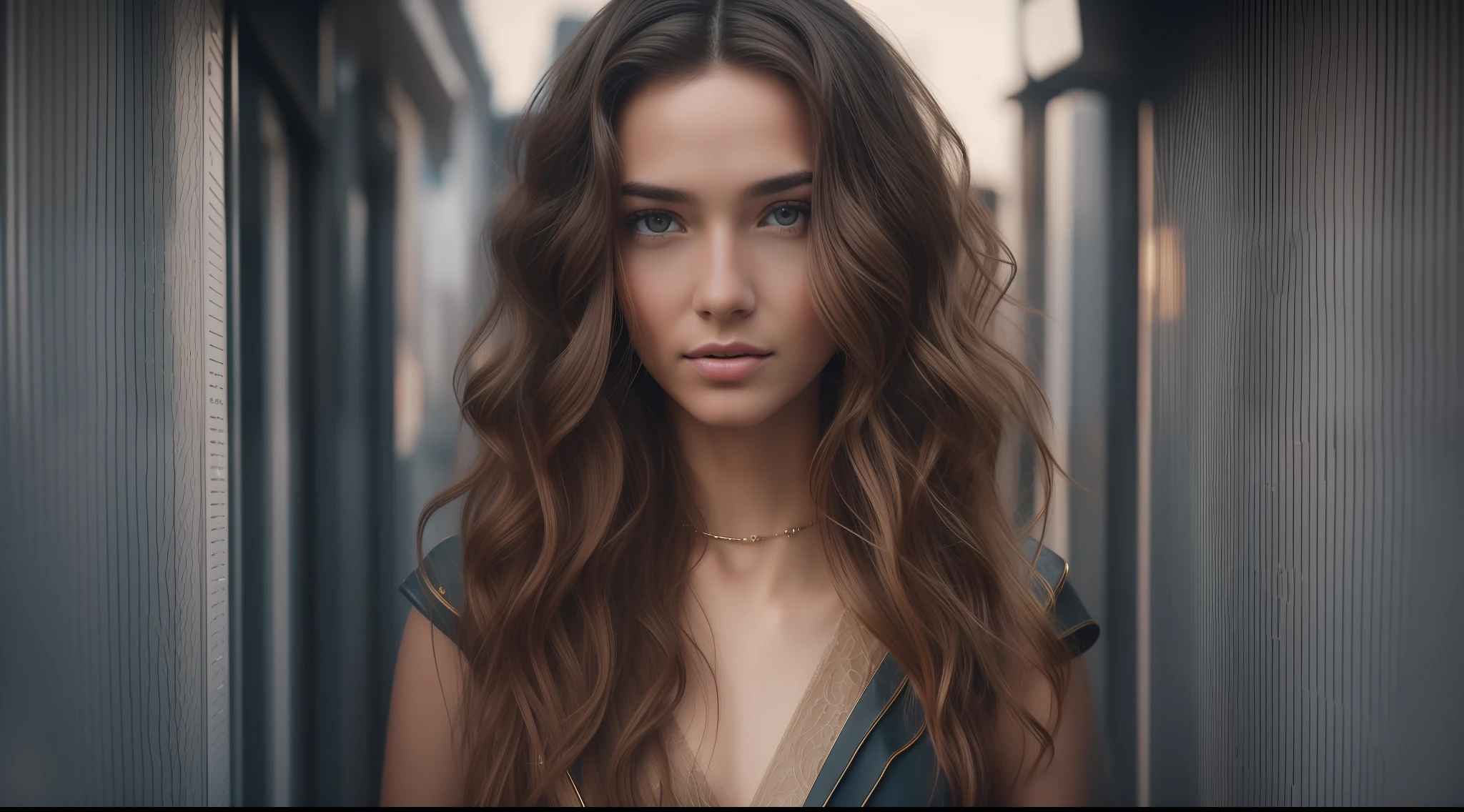 Full face portrait photo of a 25-year-old European girl, RAW, beautiful woman, semi-open strawberry lips, dimples, wistful look, (extra long wavy brown hair), ((detailed face)), ((detailed facial features)), (finely detailed skin), pale skin, (deep neckline detailed high-tech cyberpunk dress), cyberpunk megacity environment, (cool colors), damp, damp, reflections, (masterpiece) (perfect proportion)(realistic photo)(best quality)  (detailed) shot on a Canon EOS R5, 50mm lens, F/2.8, HDR, (8k) (wallpaper) (cinematic lighting) (dramatic lighting) (sharp focus) (intricate), RAW photo, RAW photo, gigachad photo, posing for camera, black jeans, back arms, 8k uhd, dslr, high quality, grain film, Fujifilm XT3