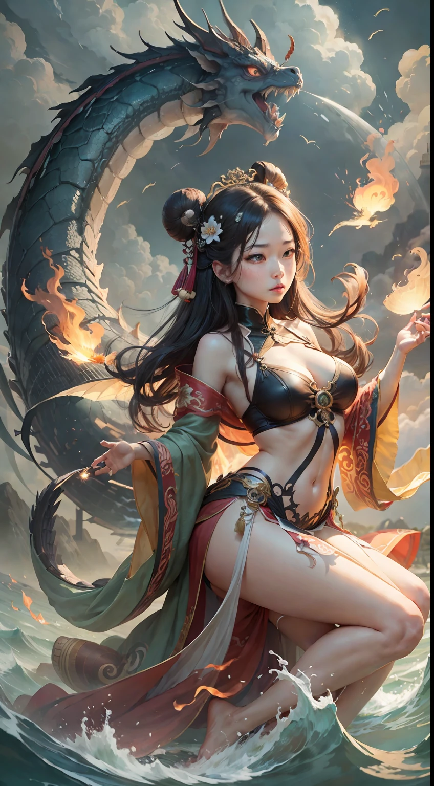Female snail make-up day,She took to the skies,The sea water hadn't reached her ankles yet,(Side view),A Chinese dragon hovers in the air,((Chinese mythology)),high qulity,super-fine,Detailed pubic hair,Accurate,(tmasterpiece),Works of masters,(16K resolution),light and shadow effect,Layering effect,电影灯光,Ultra photo realsisim