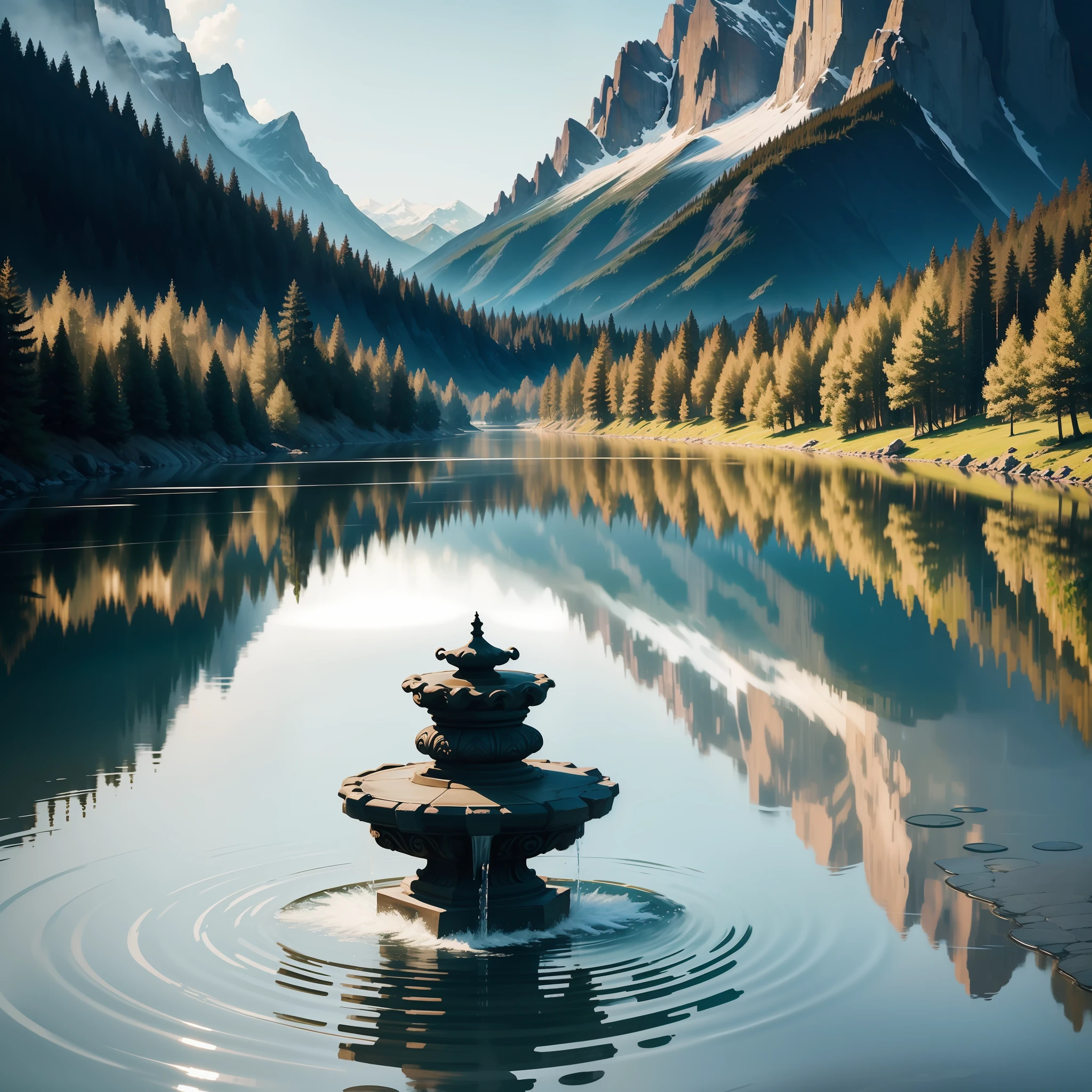 Imperial water,The beauty of ink,Tranquil water features,graceful stance,the soft light,Delicate brushstrokes,Gentle posture,The water is rippling,Picturesque rivers and mountains,It's like being in a wonderland