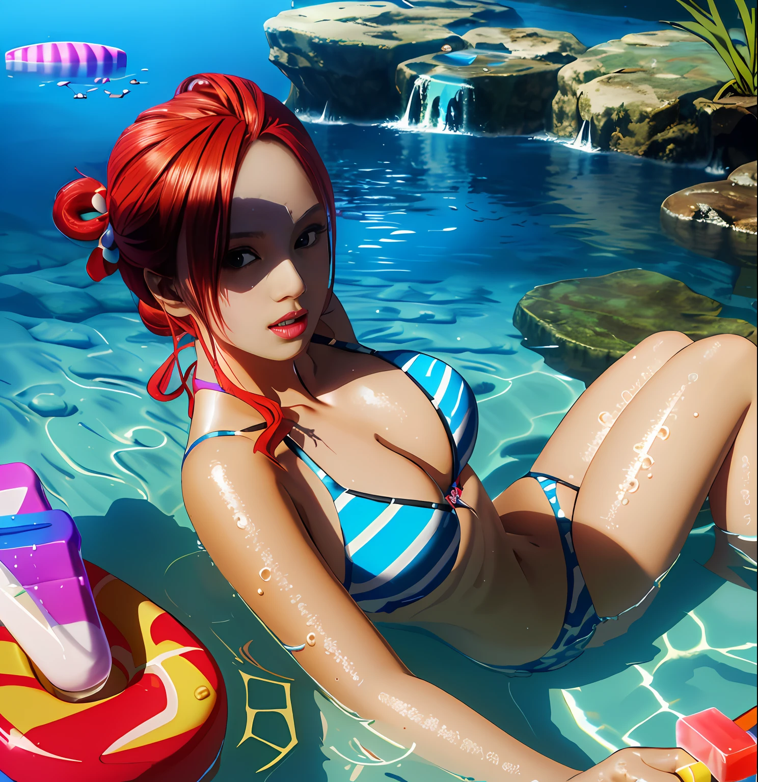 A beautiful woman lying on the bed,Water,moisty,extreme picture quality,tmasterpiece,hyper-detailing,A high resolution,astounding,Extreme light and shadow,Wear a bikini,Popsicles in hand,8k ultra high definition,sharp fokus,high qulity