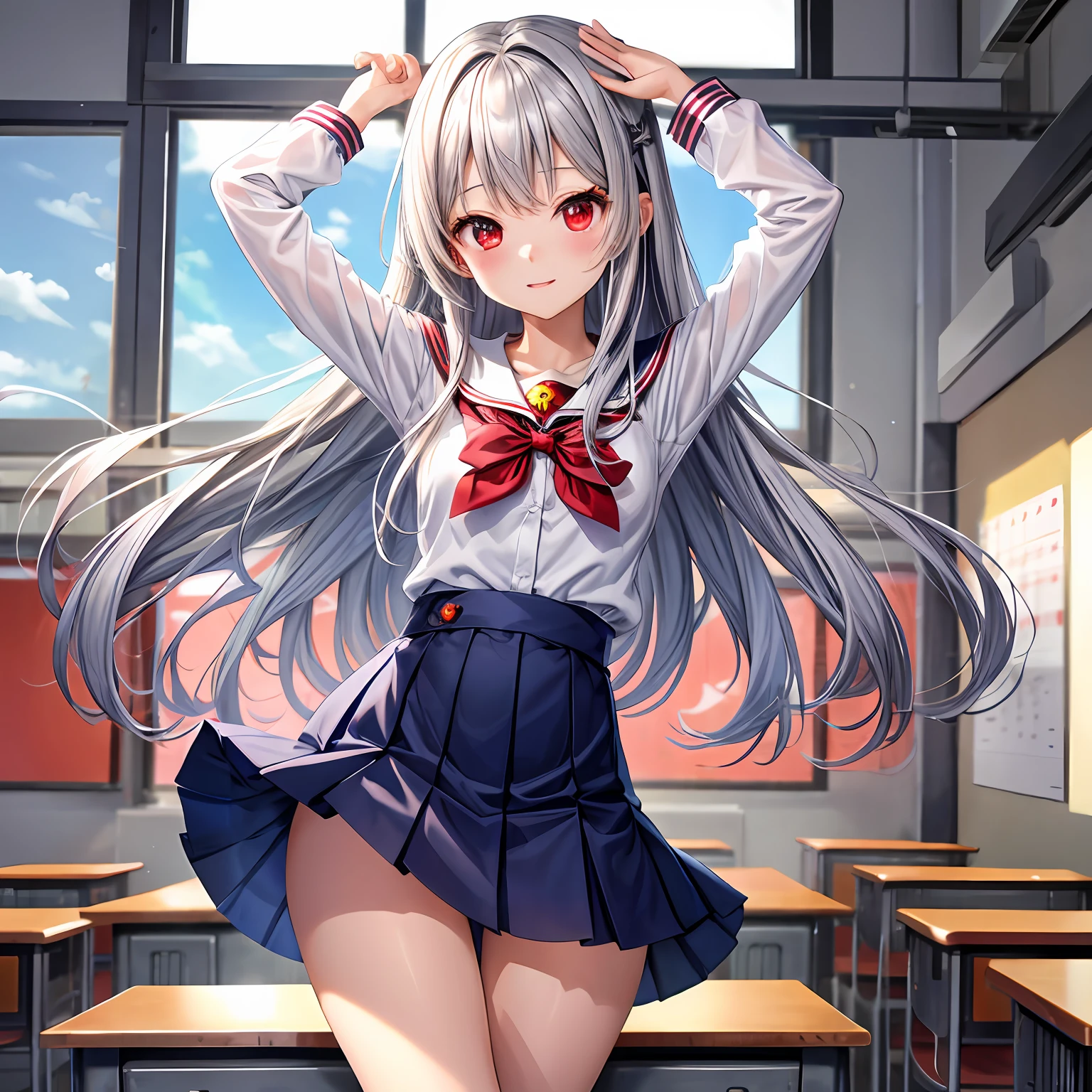 silber hair、length hair、red eyes、One pretty girl、独奏、animesque、student clothes、Classroom、Navy blue skirt