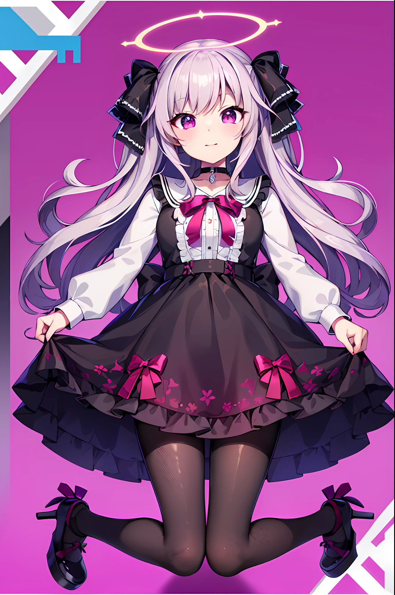 masterpiece、top-quality、女の子 1 人、10 talents、独奏、long、Viewer Perspective、Bangs short、skirt by the、The shirt、silber hair、long-sleeve、bow ribbon、Twin-tailed、Bow knot、hair adornments、frilld、lowfers、a choker、Pink eyes、The halo、Magenta background、frills skirt、Large ribbon、fishnet tights、The shirt、fishnets pantyhose、Platform footwear、Magenta theme、pill、Department of Landmines、monochromes、