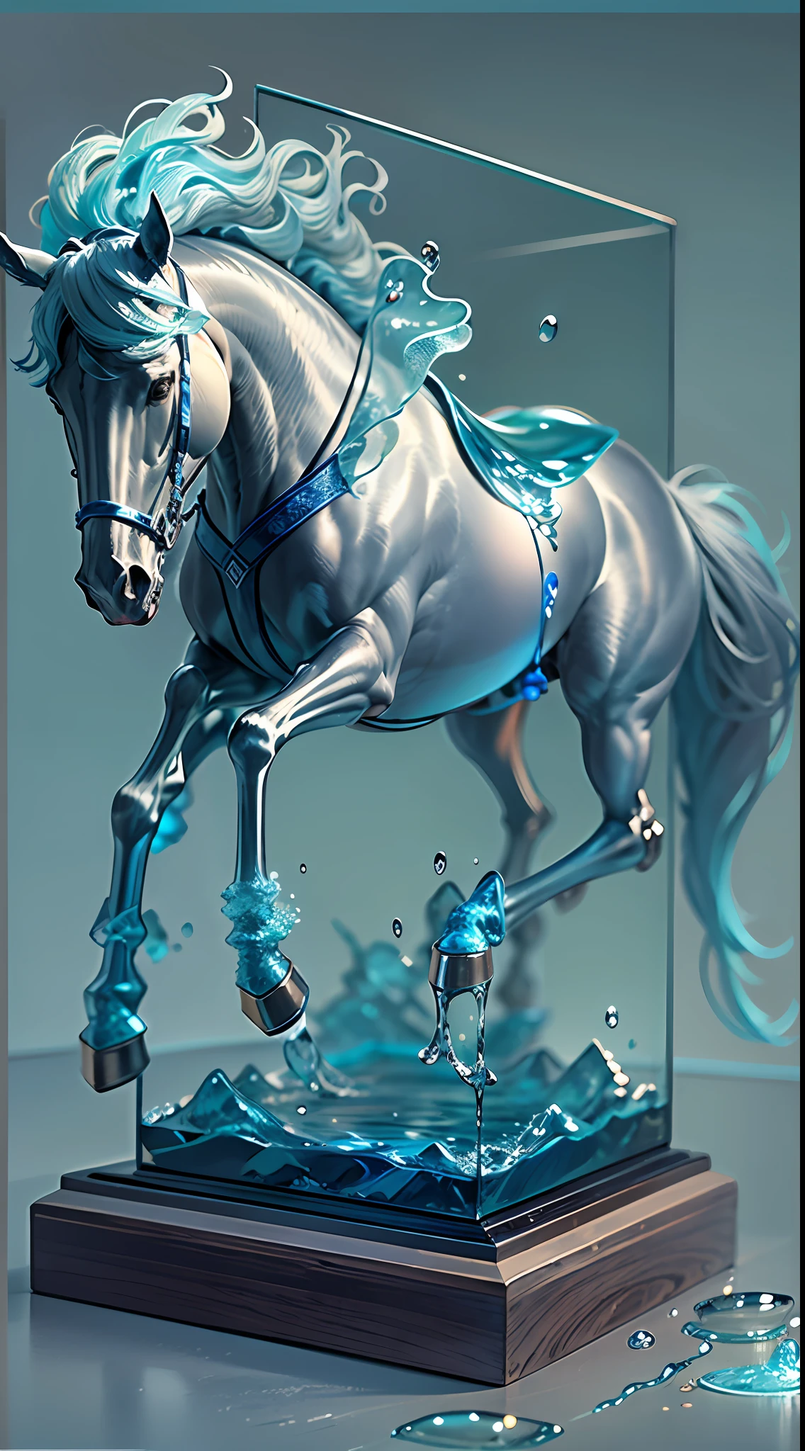 (Clear glass horse:1.4),blue colors,Transparent horse,run,Eau,drippy,Lots of water,8K分辨率,Works of masters,tmasterpiece,super-fine,Detailed pubic hair,acurate