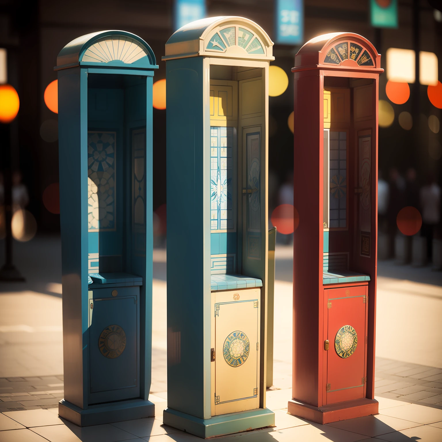 Phone booth faience tiles solar powered Art Deco Modern Background bokeh Accurate Standing shade Three views