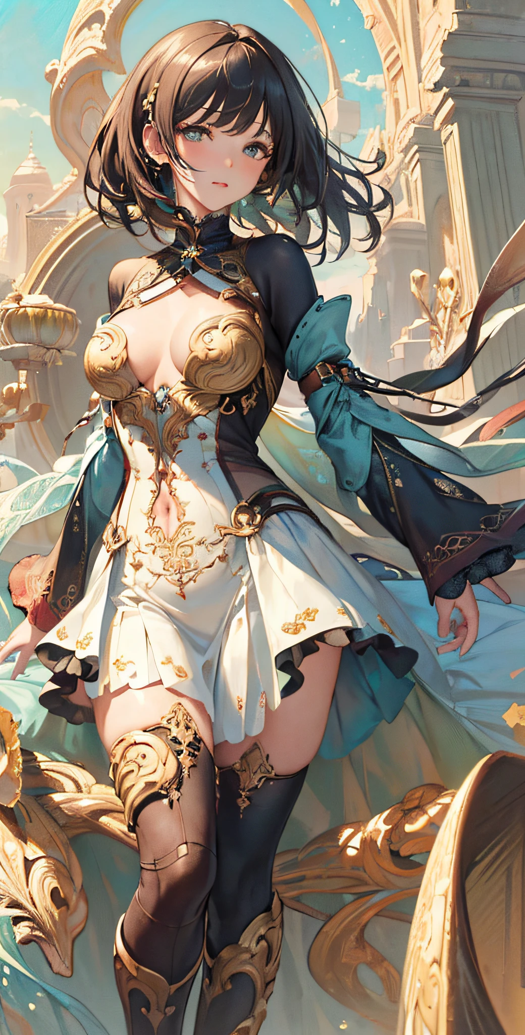 (masterpiece, top quality, best quality, official art, beautiful and aesthetic:1.2), (1girl), extreme detailed,(fractal art:1.3),colorful,highest detailed,cbpkv5,bodysuit,(realistic:1.3), skirt, ... .