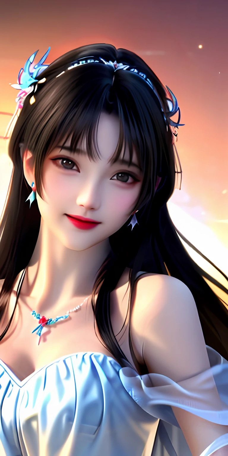 Best quality, masterpiece, high resolution, 1girl, clear silk porcelain dress, beautiful face, hair accessories, looking at the audience, smiling, close your mouth, lips, dress, hair accessories, necklaces, jewelry, long hair, earrings, beautiful face, on the body, Tindal effect, realism, dark studio, edge lighting, two-tone lighting, (high detail skin: 1.2), 8k UHD, DSLR, soft light, high quality, volumetric lighting, photo, high resolution 4K, 8k, blurred background