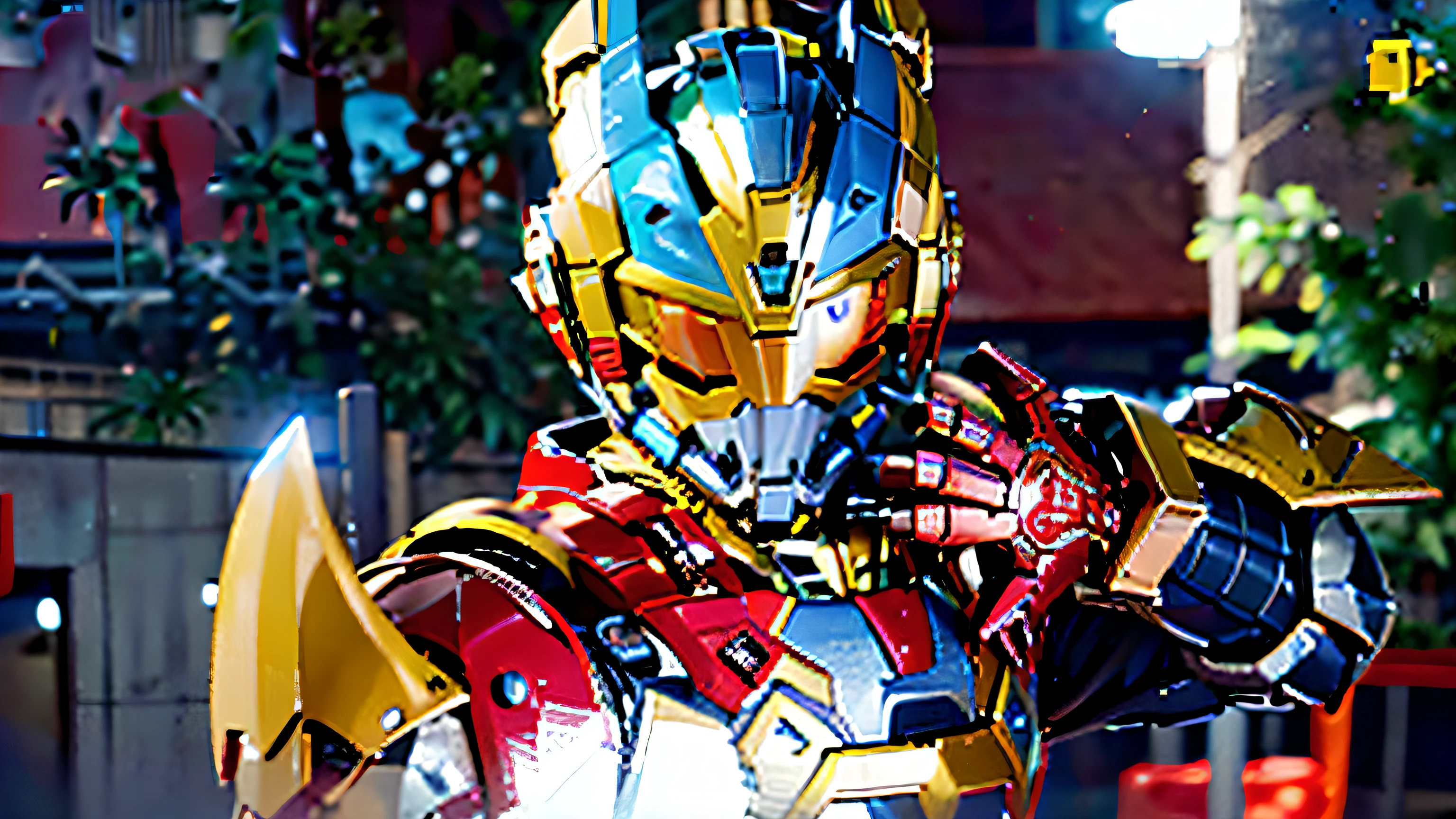 Characters dressed in red and yellow hero costumes,Tokutsu style,closeup cleavage,Holding a sword,Knight action pose,gridman(2018),SSSS,getter robo,McDonald's Gundam,high fantasy kamen rider,kamen rider ghost,Gundam armor,Gundam robots,sci-fy,cyber punk style,sharp-edged,Fine gaps,darkly,Extreme,crack