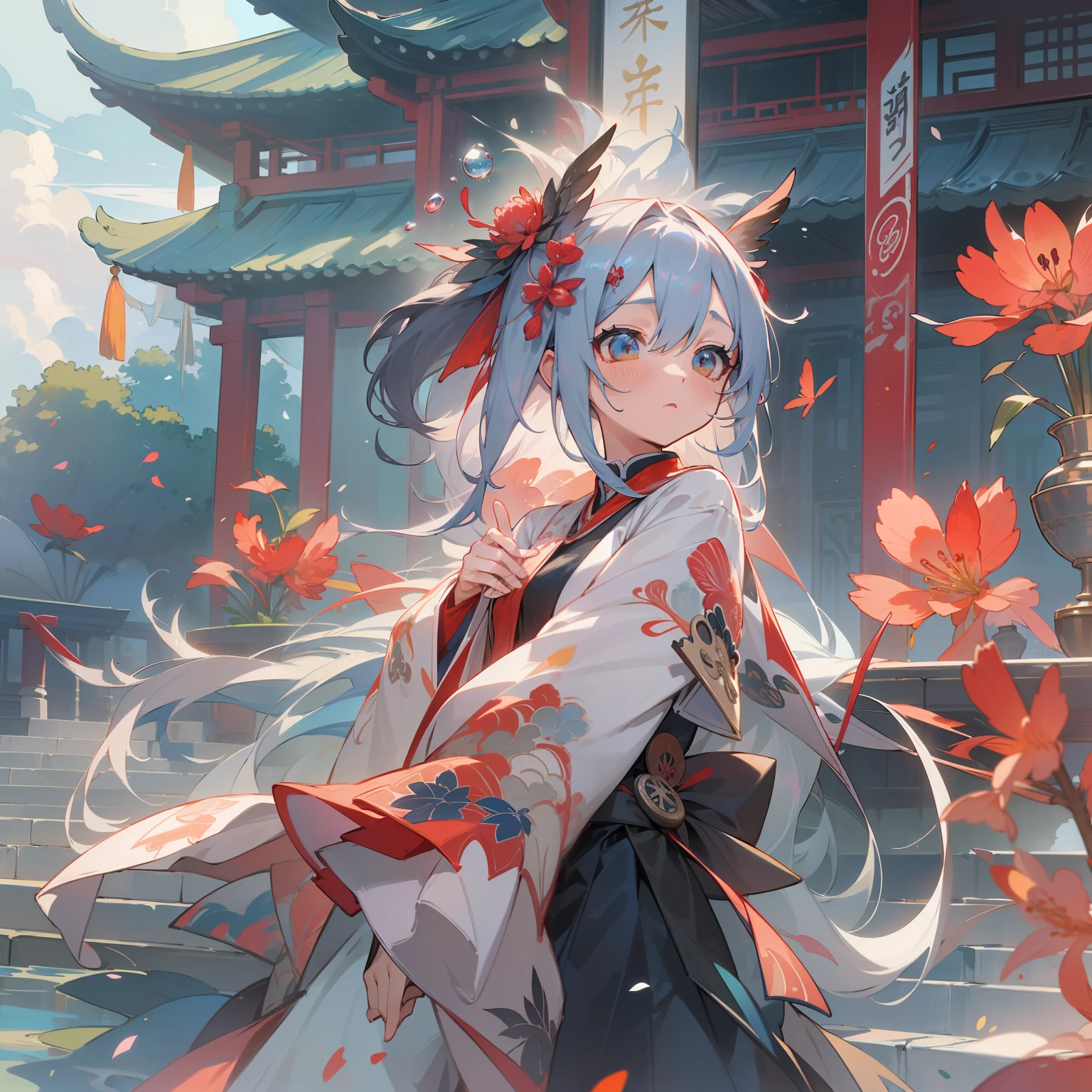 (8K、Raw photography:1.2)、top-quality、超A high resolution、Dramatic angles、(Fine-colored splashes flutter)、(illustratio)、(((女の子1人)))、(long)、(Air bubble:0.9)、 (hair adornments:1.4)、There is an ancient palace next to the girl、chinese clothes、(Focus)、Color Ink Painting、(Color splash)、Colorful splashes、(((colourfull)))、(Sketched:0.8) 、​masterpiece、best qualtiy、Beautifully painted、A highly detailed、(denoise: 0.6)、[Splash ink]、((Ink refraction))、(Beautiful detailed sky)、a moon、A highly detailed、(​masterpiece、best qualtiy、A highly detailed) CG Unity 8K Wallpapers、​masterpiece、top-quality、ultra-detailliert)、(Lycoris radiata)、、