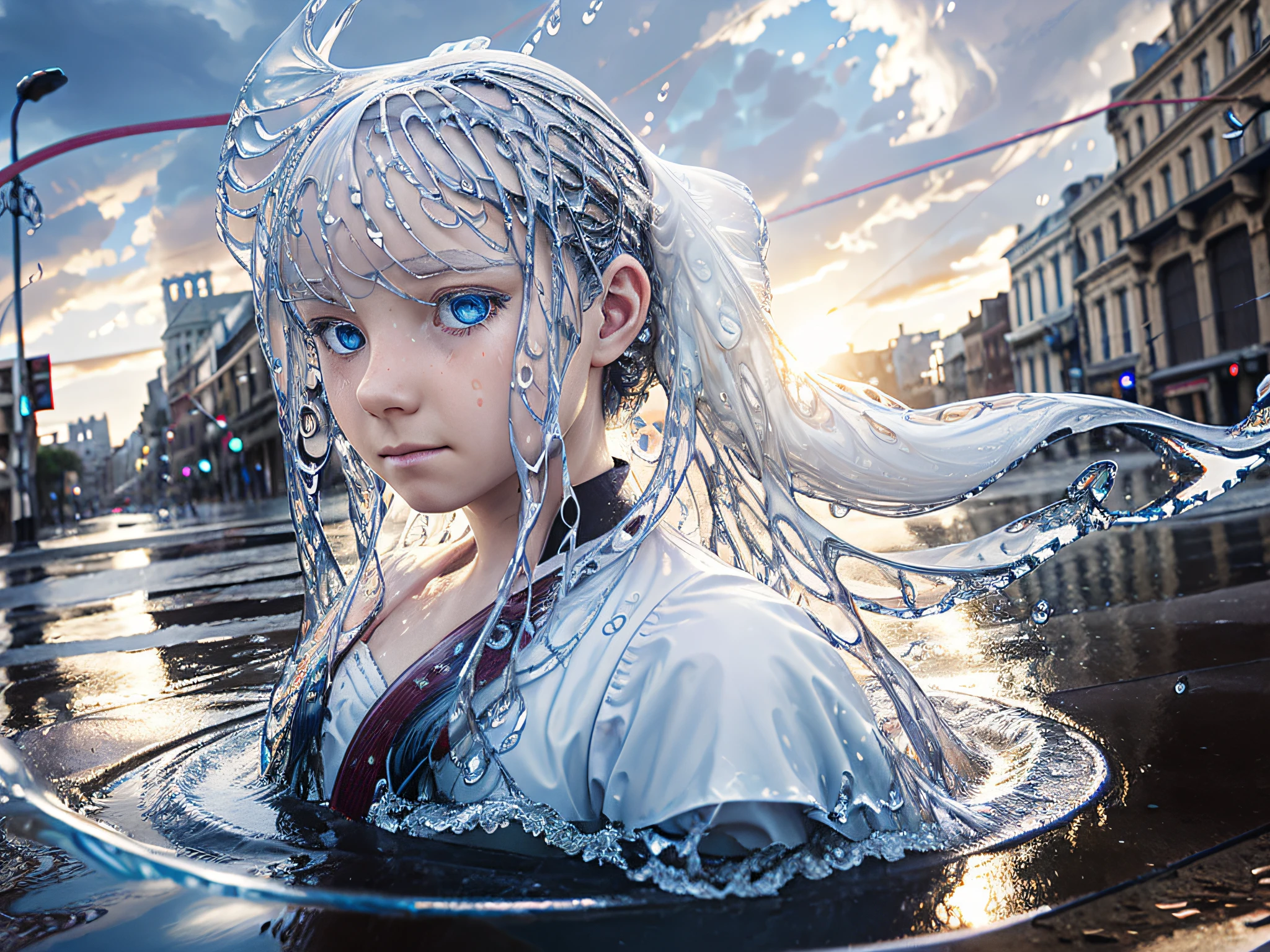 (Background), masterpiece, best quality,Illustration, Wallpaper, ultra detail, absurdres, 1girl, solo, (liquid hair:1.2), beautiful detailed eyes,
bangs, cowboy shot, long hair, magical girl, white hair, waves,  water,  water drop, looking to the side, wading, 
(street:1.5),  sun, cloudy sky,