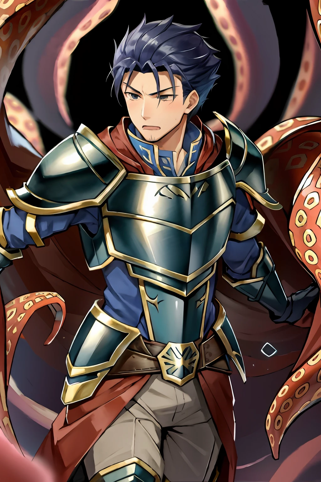 Hector Fey（adult man）， 独奏， looking at viewert，Tied by tentacles（Mucus-secreting tentacles） ，with her mouth open，drools，perspire，Tight combat uniform，Armour，Armour，Get wet， mitts， 1 man，weeping，Be red in the face， Male focus，Tentacles wrapped around thighs（Octopus tentacles wrap around thighs）， cloaks， Armour， Shoulder armor， Soaked leggings，Wrists bound by tentacles，Waist wrapped around tentacles
