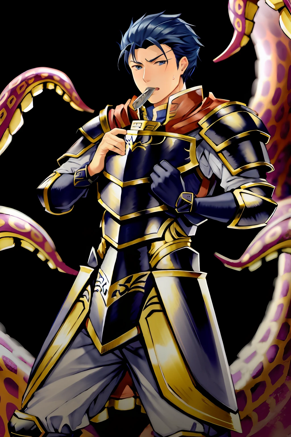 Hector Fey(adult man), 独奏, looking at viewert,Tied by tentacles(Mucus-secreting tentacles) ,with her mouth open,drools,perspire,Tight combat uniform,Armour,Armour,Get wet, mitts, 1 man,weeping,Be red in the face, Male focus,Tentacles wrapped around thighs(Octopus tentacles wrap around thighs), cloaks, Armour, Shoulder armor, Soaked leggings,Wrists bound by tentacles,Waist wrapped around tentacles
