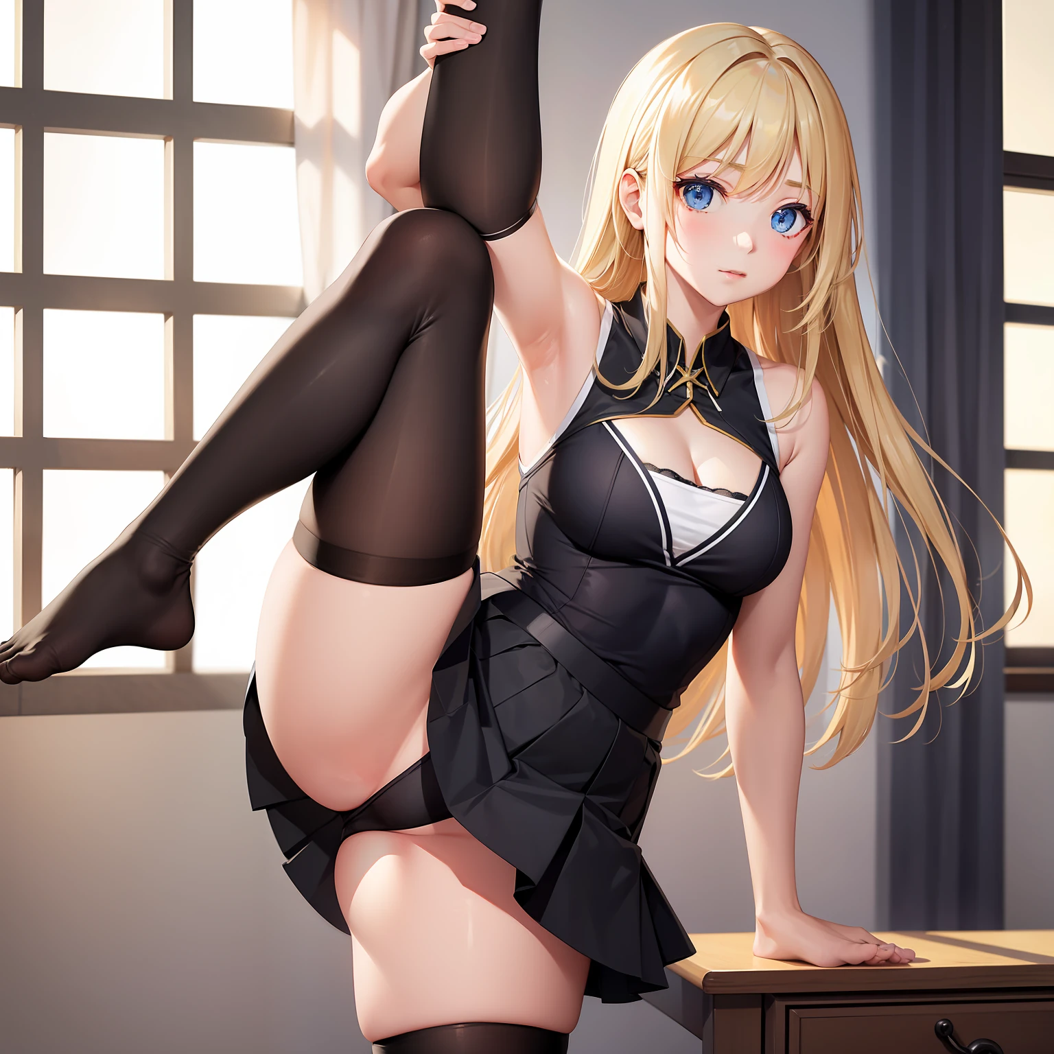RAW photos，Thin leg，short  skirt，Surreal high school girl，full bodyesbian，8K，Highest image quality，超高分辨率，Facial details are perfect，true skin tone，Gentle expression，Front perspective，long whitr hair，Realistic effects，black pantyhoses，cropped shoulders,cleavage,Lifting skirt,Split,Dance student