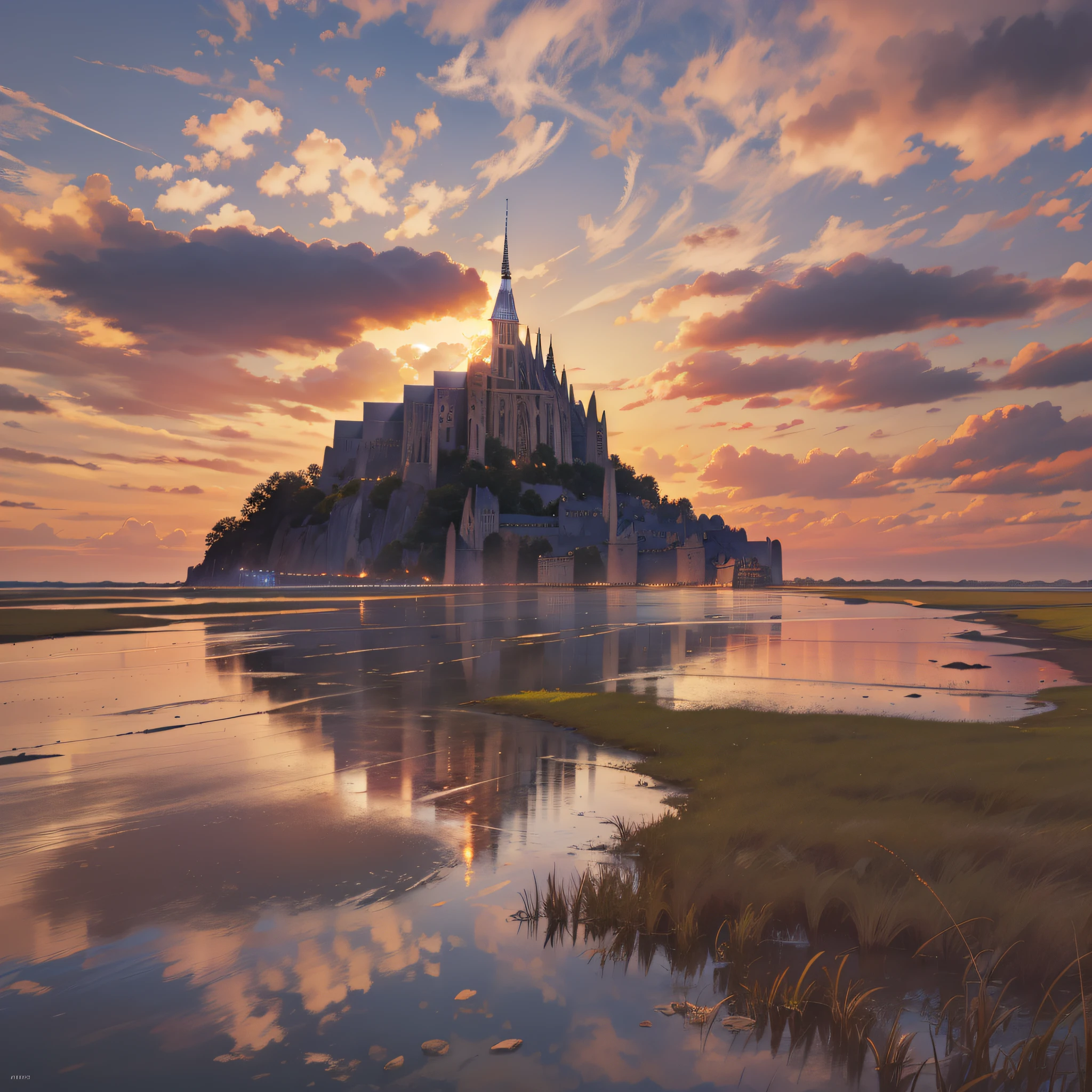 Mont Saint-Michel　High tide sunset、realisitic、64k