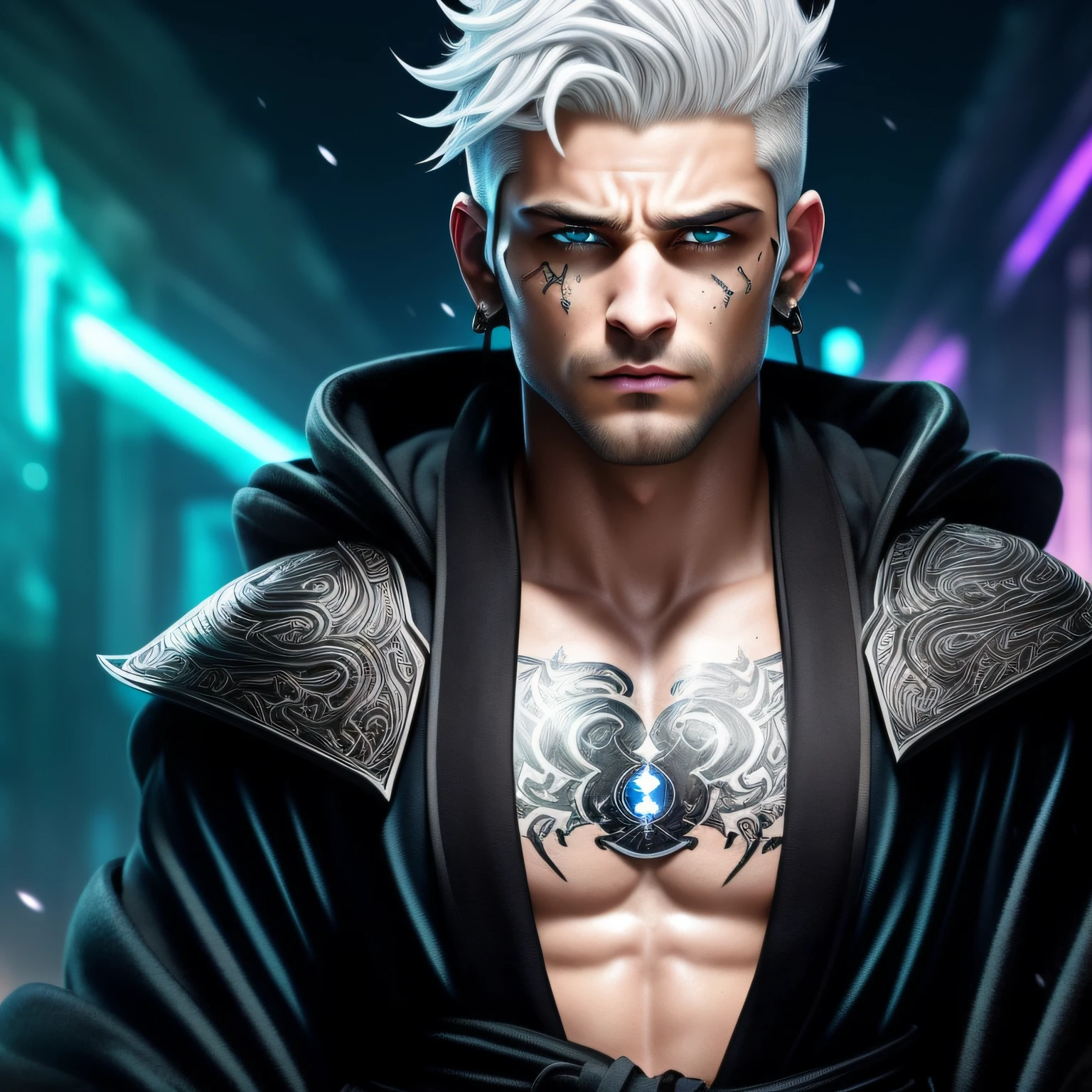 Cyberpunk male, fantasy world, dark background, clean design, epic instagram, artstation, colorful paint splatter, silhouette, hyper detailed intricate details, unreal engine, fantasy, intricate details, splash screen, complementary colors, Fantasy concept art, 8k resolution, deviantart masterpiece, oil painting, heavy strokes, paint dripping, (isolated on white background: 1.3), rainbow skin, (((handsome young man))), ((teenage:1.5) ), (glowing blue eyes), ((light eyes)), ((((short white hair: 1.1))), ((black clothes)), (prince\\(indifferent expression\\),, ( ((Wears high detail luxurious black robe))), white hair, frost magic, ((chest) --v 6