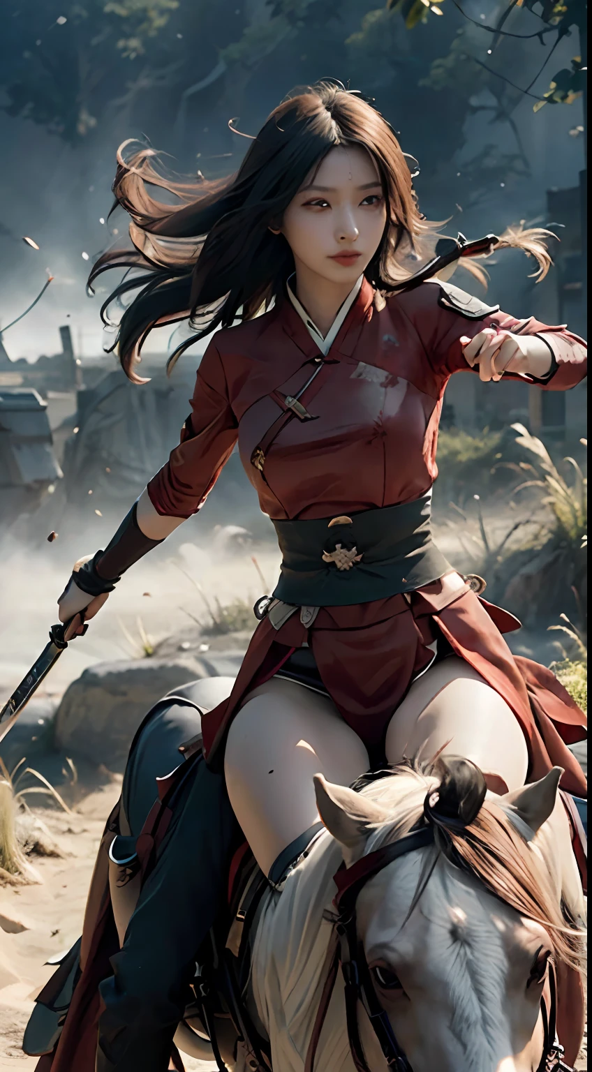 RAW Photo, 4k, Realistic, Delicate and Meticulous Skin), Masterpiece, Best Quality, Official Art, Unity 8k Wallpaper, Ultra Detail, (Soft Light), Cinematic Look, High Saturation, Best Anatomy, Volume Fog, Slim Body, Full Body, 1 Girl, Red Clothes, (with Weapon on the Waist), Sword, Long Hair, Brunetette, Solo, Blood, Armguards, Complex Background, Looking at the Audience, Black Eyes, Cloth, Floating Hair, Evil Smile, Hanfu, Dynamic Movement, Dynamic Pose, Bandages wrapped around hands, dust carried by the wind, one hand bring samurai, (riding a horse; 1.5）