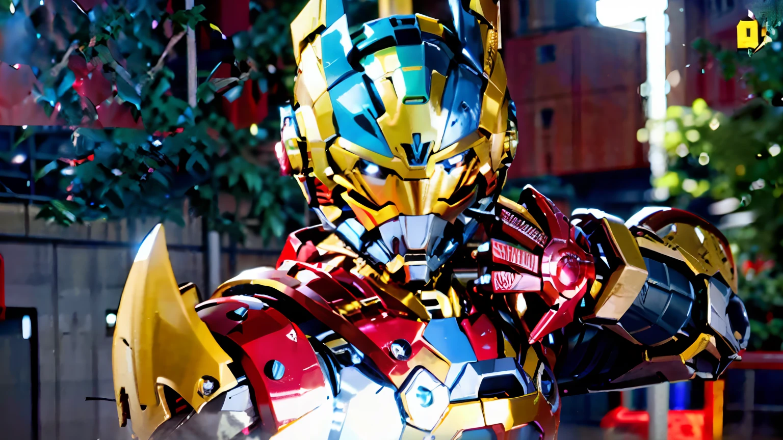 8k,(RAW photogr),(best qualtiy),(photo-realistic:1.4),Characters dressed in red and yellow hero costumes,Tokutsu style,closeup cleavage,Holding a sword,Knight action pose,gridman(2018),SSSS,getter robo,McDonald's Gundam,high fantasy kamen rider,kamen rider ghost,Gundam armor,Gundam robots,sci-fy,cyber punk style,sharp-edged,Fine gaps,darkly,Extreme,crack,8k,(RAW photogr),(best qualtiy),(photo-realistic:1.4)