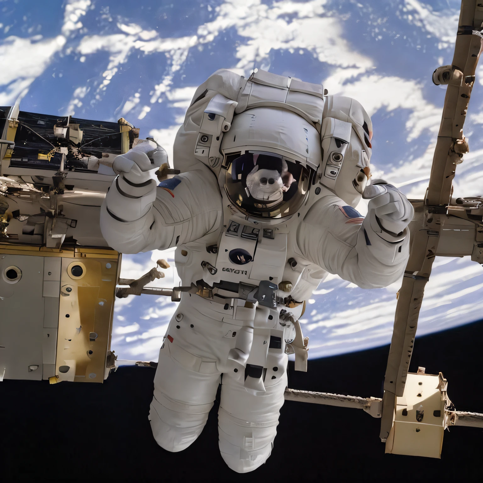 Astronaut in spacesuit in front of a satellite,The background is the Earth, astronaut in space, astronaut in space, an astronaut floating in space, astronaut floating in space, an astronaut relaxing in space, space walk scene, spacewalk, weightless in space, An astronaut, wearing a spacesuit and helmet, NASA Eva suit, Astronaut on horseback