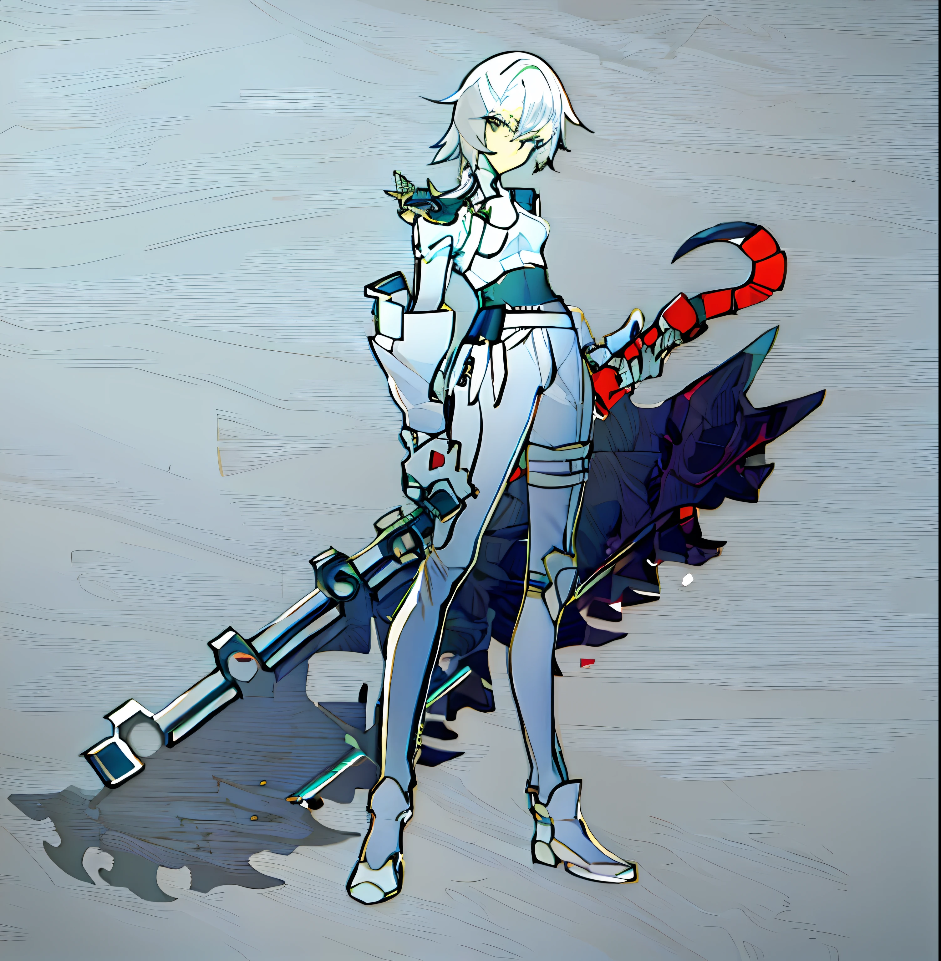 Draw a woman with a sword and a gun, clean anime outlines, full body concept, yandere intricate, line work concept art, heavy outline, clear outfit design, ( ( concept art of character ) ), full body action concept art, detailed full body concept art, detailed full-body concept, official character illustration, full body character concept, concept character, hyper contrast well drawn